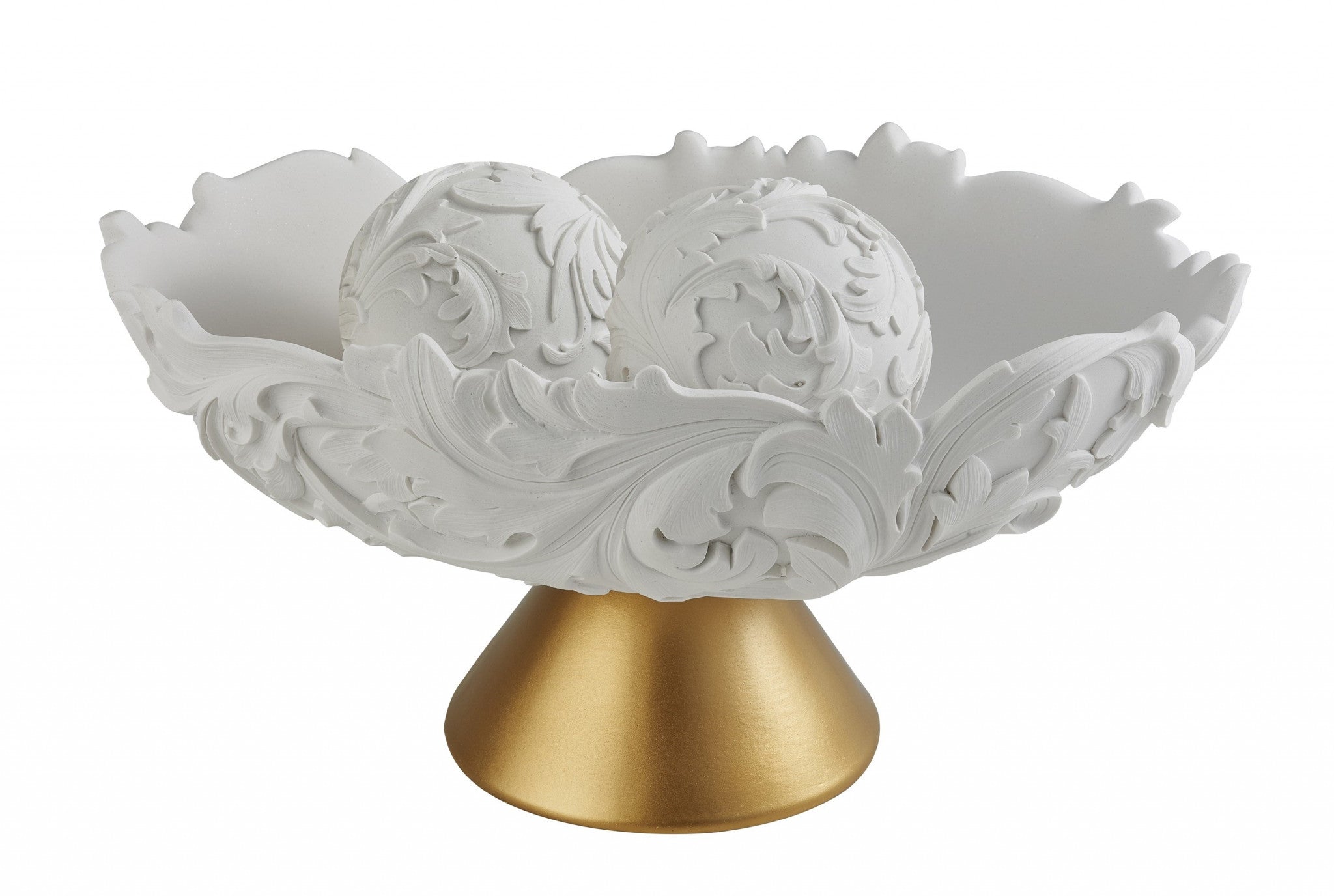 9" Matte Gold And White Polyresin Decorative Bowl With Orbs-Sculptures-DECOROLALA