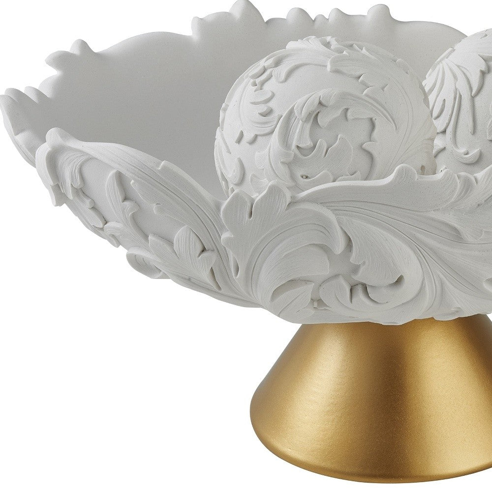 9" Matte Gold And White Polyresin Decorative Bowl With Orbs-Sculptures-DECOROLALA