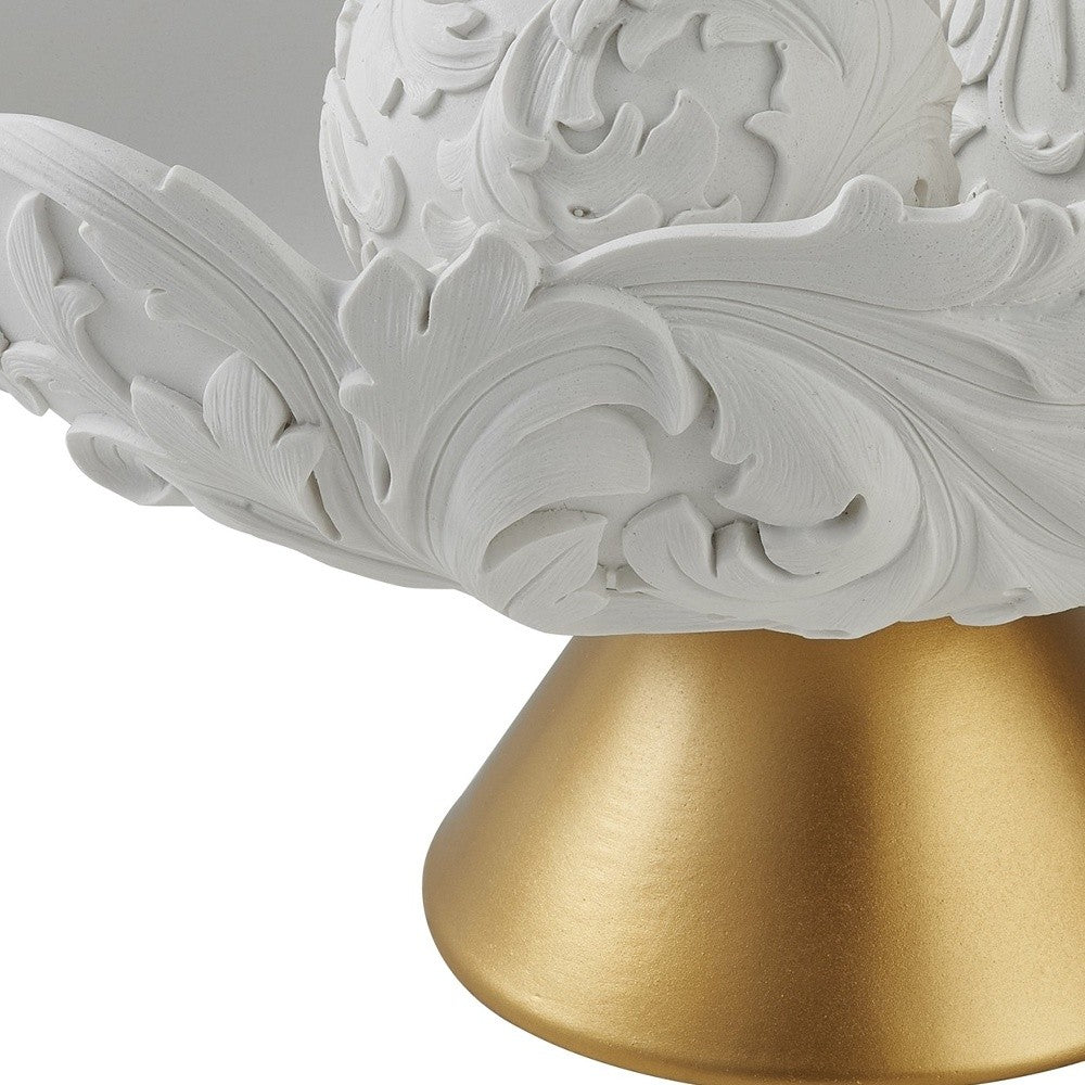 9" Matte Gold And White Polyresin Decorative Bowl With Orbs-Sculptures-DECOROLALA