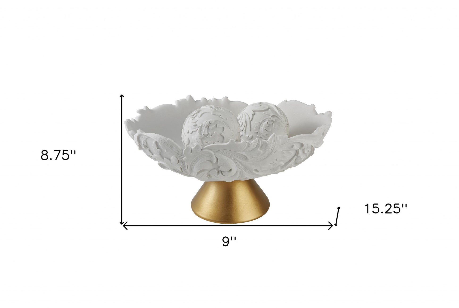 9" Matte Gold And White Polyresin Decorative Bowl With Orbs-Sculptures-DECOROLALA