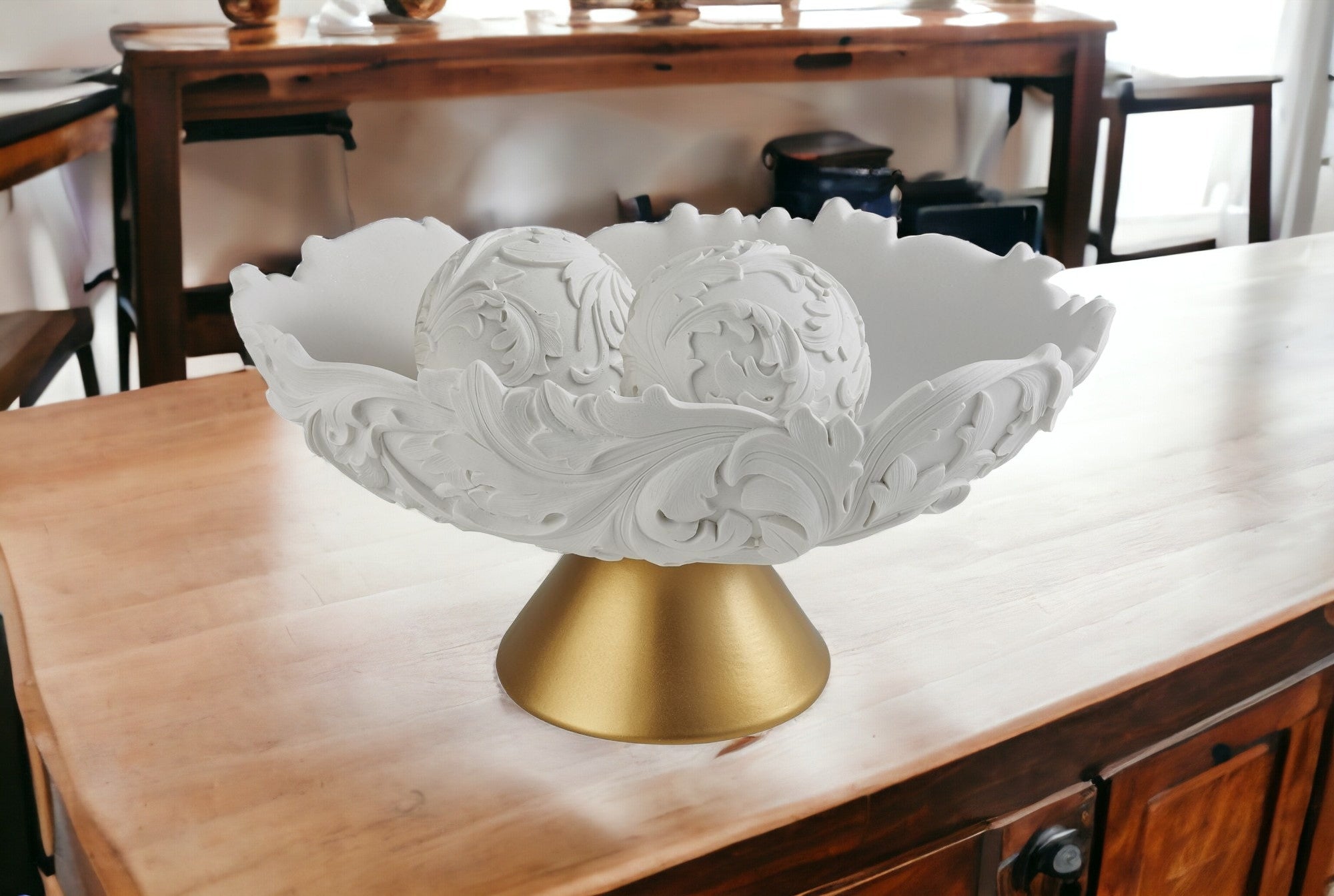 9" Matte Gold And White Polyresin Decorative Bowl With Orbs-Sculptures-DECOROLALA