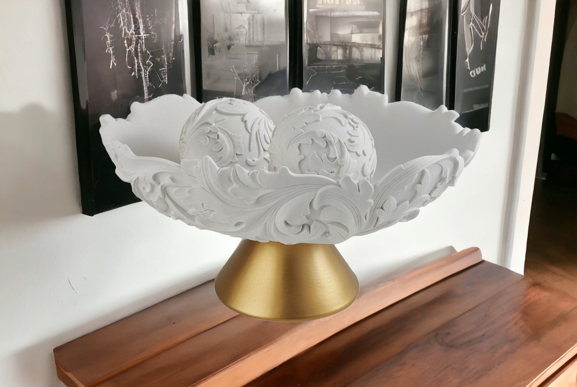 9" Matte Gold And White Polyresin Decorative Bowl With Orbs-Sculptures-DECOROLALA