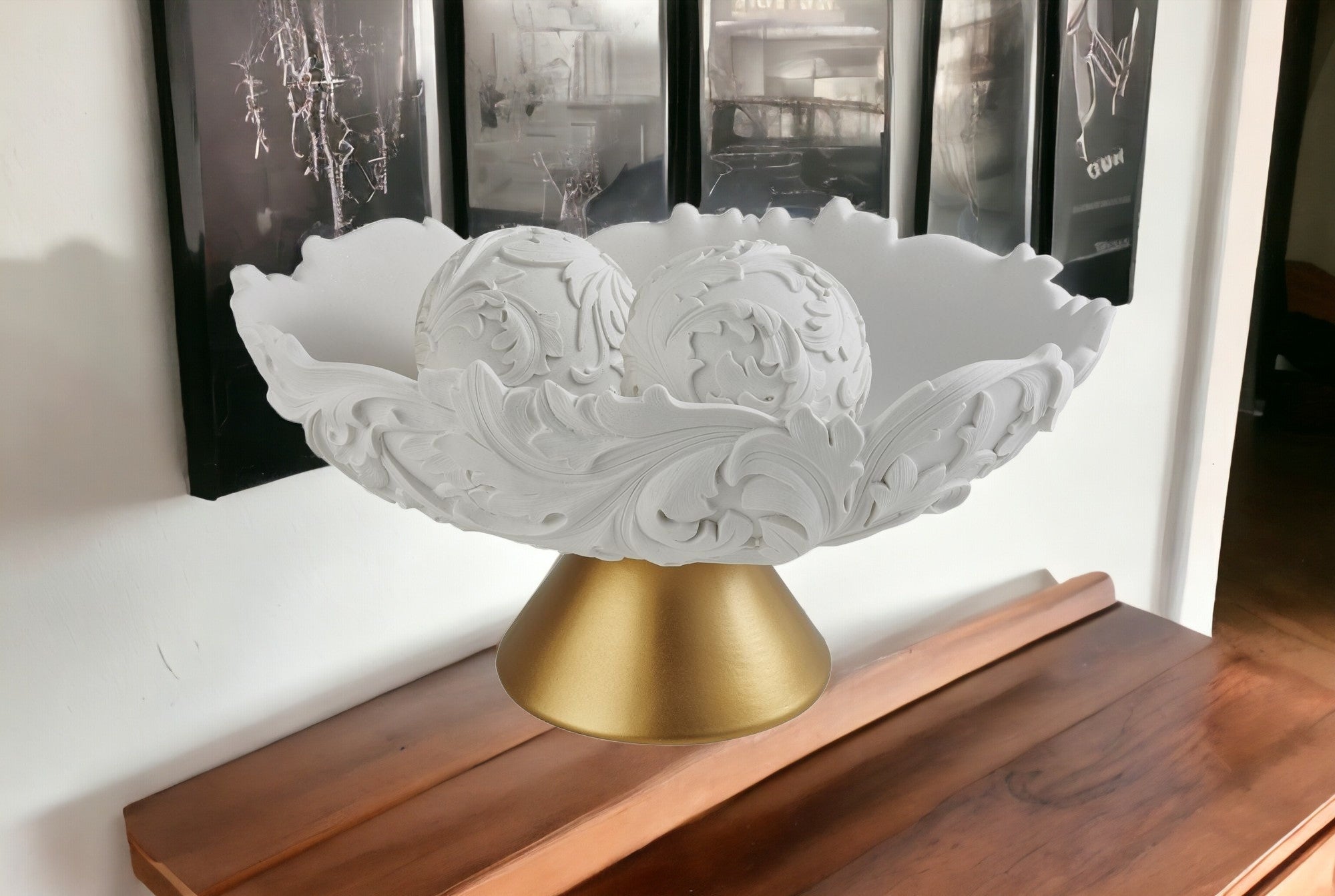 9" Matte Gold And White Polyresin Decorative Bowl With Orbs-Sculptures-DECOROLALA