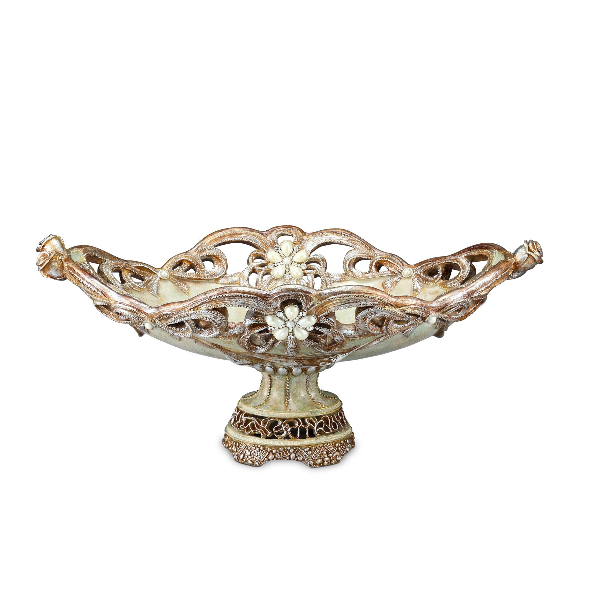 9" Beige And Gold Polyresin Decorative Bowl-Sculptures-DECOROLALA