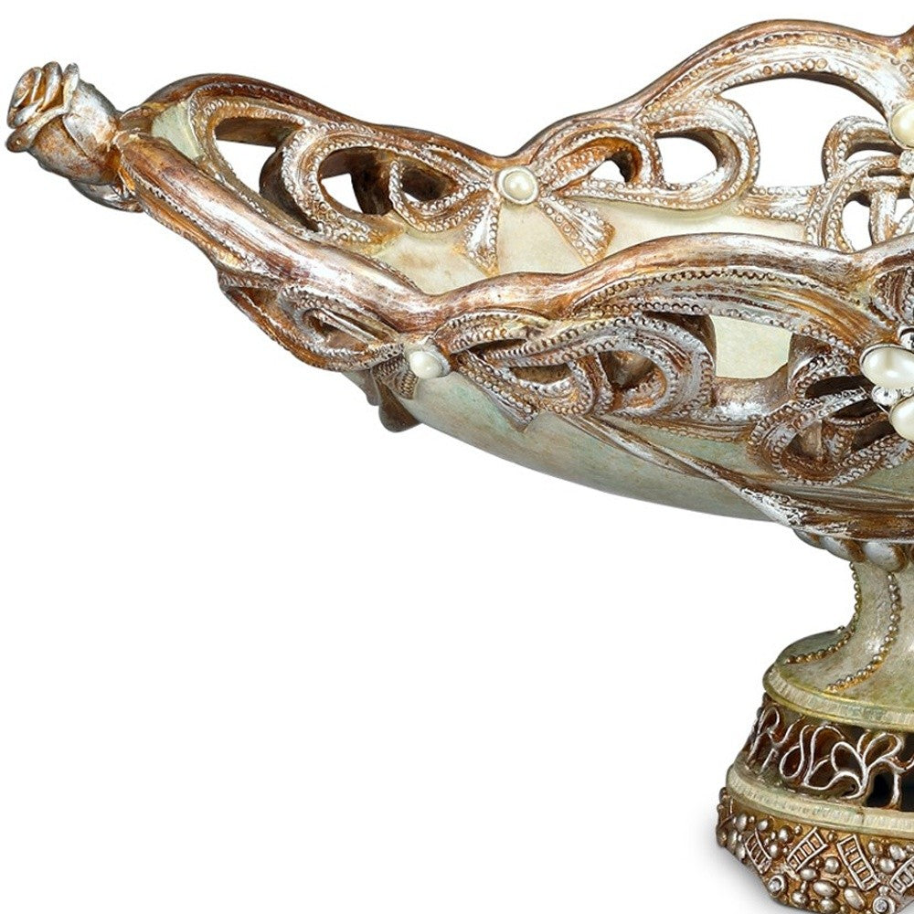 9" Beige And Gold Polyresin Decorative Bowl-Sculptures-DECOROLALA