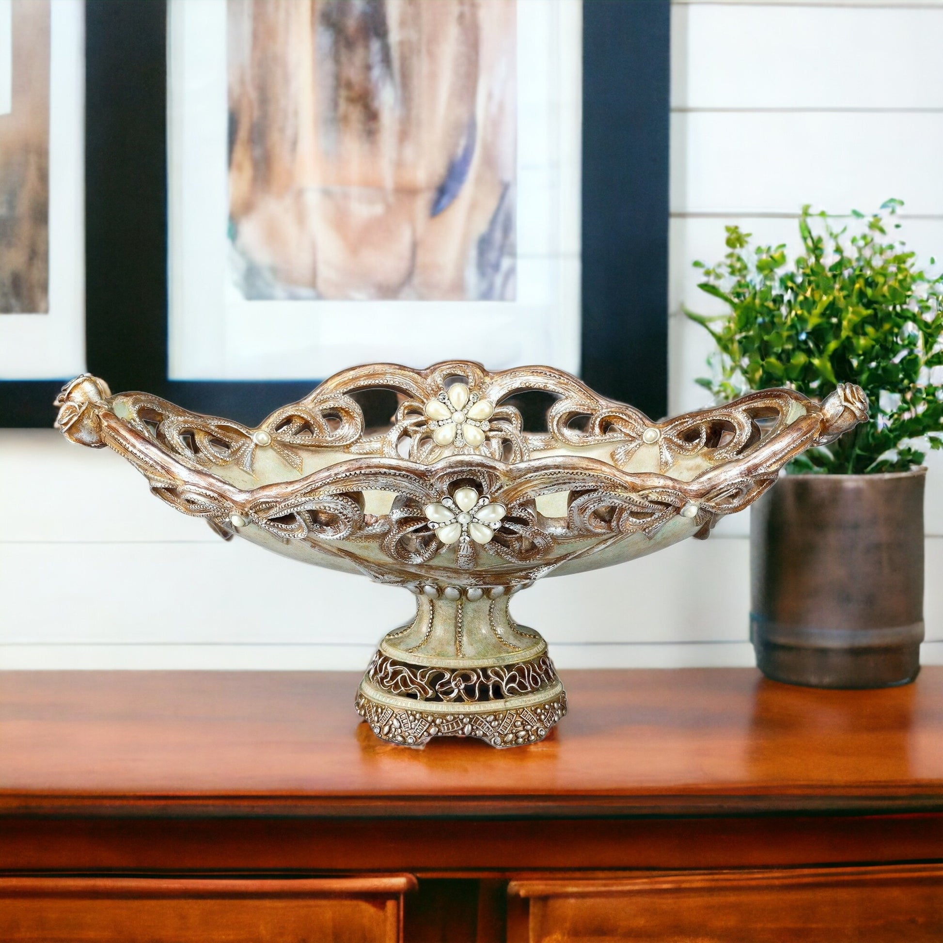 9" Beige And Gold Polyresin Decorative Bowl-Sculptures-DECOROLALA