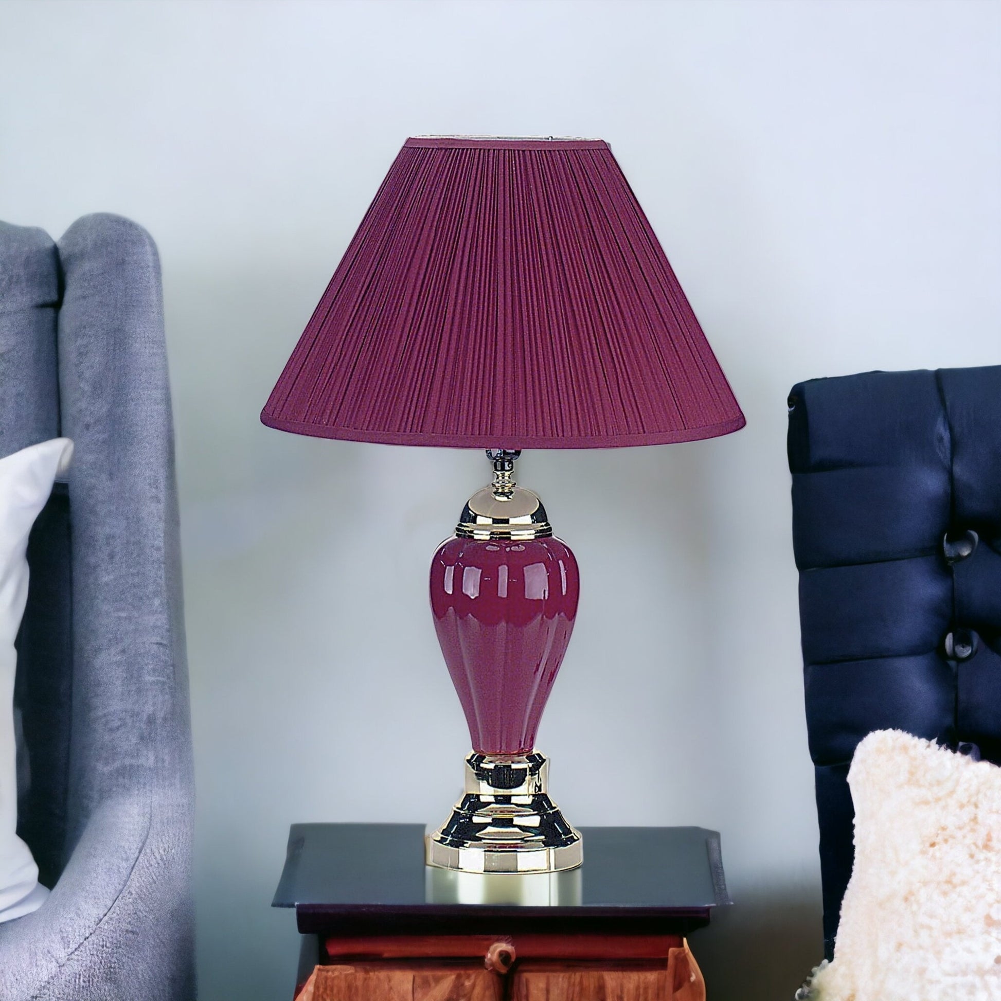 27" Silver Ceramic Bedside Table Lamp With Magenta Empire Shade-Table Lamps-DECOROLALA