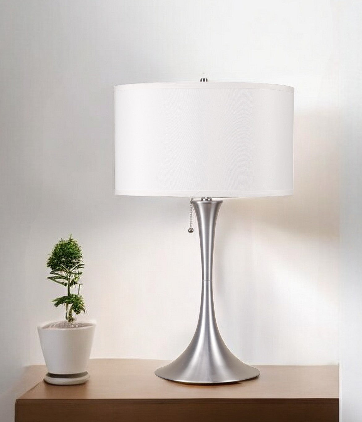 28" Silver Metal Bedside Table Lamp With White Shade-Table Lamps-DECOROLALA