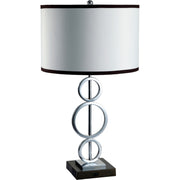 29" Silver Metal Bedside Geo Table Lamp With White and Black Trim Classic Drum Shade-Table Lamps-DECOROLALA