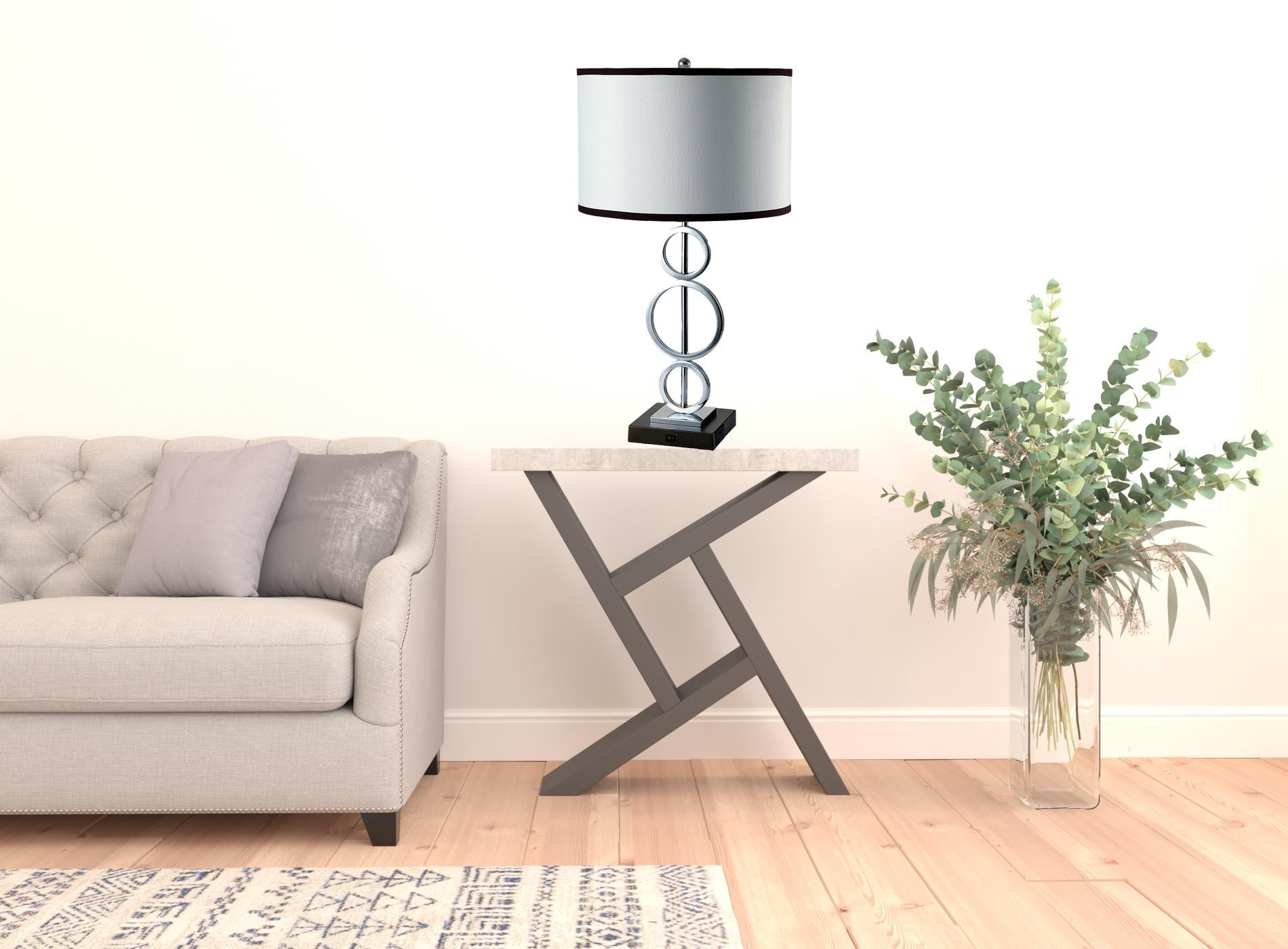 29" Silver Metal Bedside Geo Table Lamp With White and Black Trim Classic Drum Shade-Table Lamps-DECOROLALA