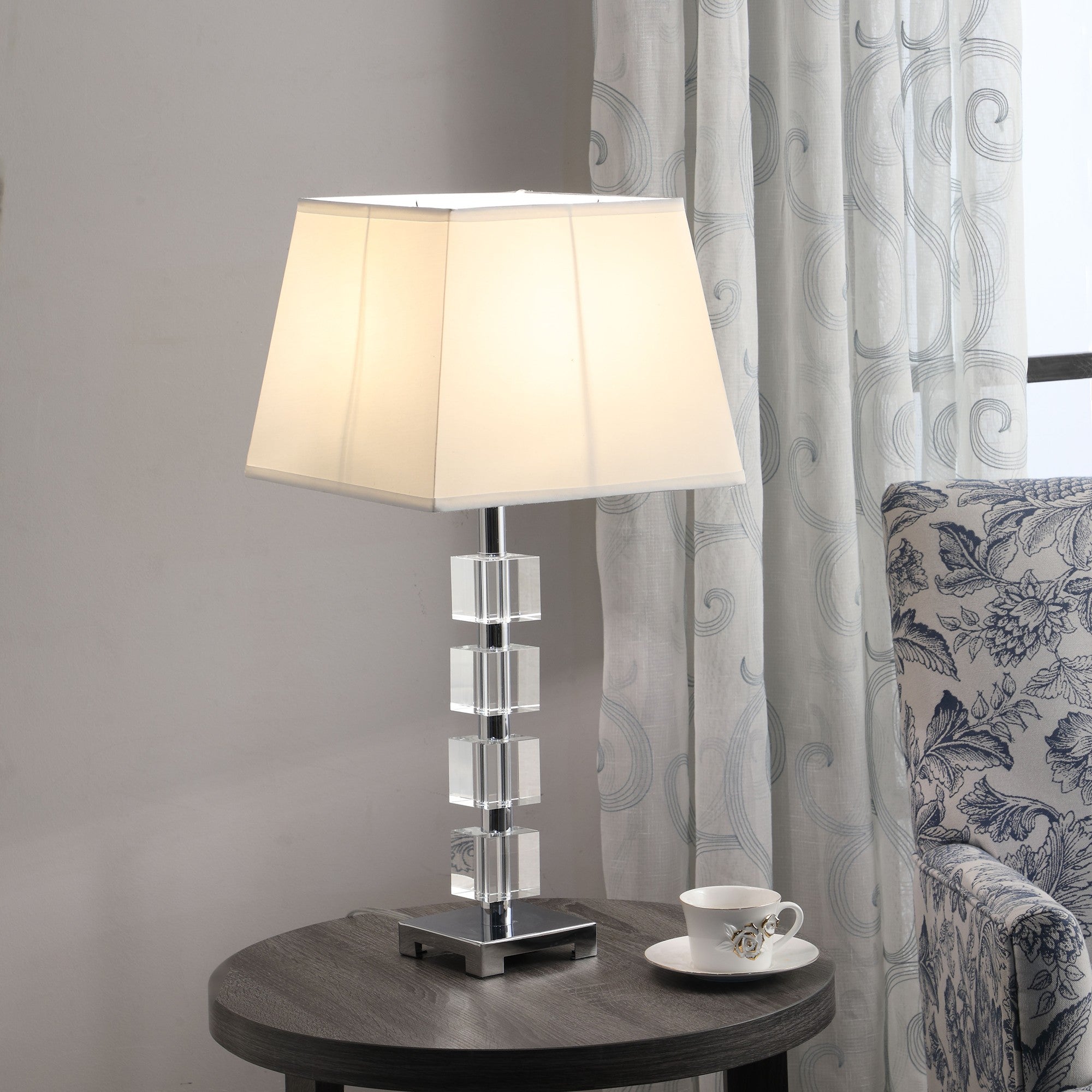 25" Crystal Geo Cubed Table Lamp With White Sharp Corner Square Tapered Shade-Table Lamps-DECOROLALA