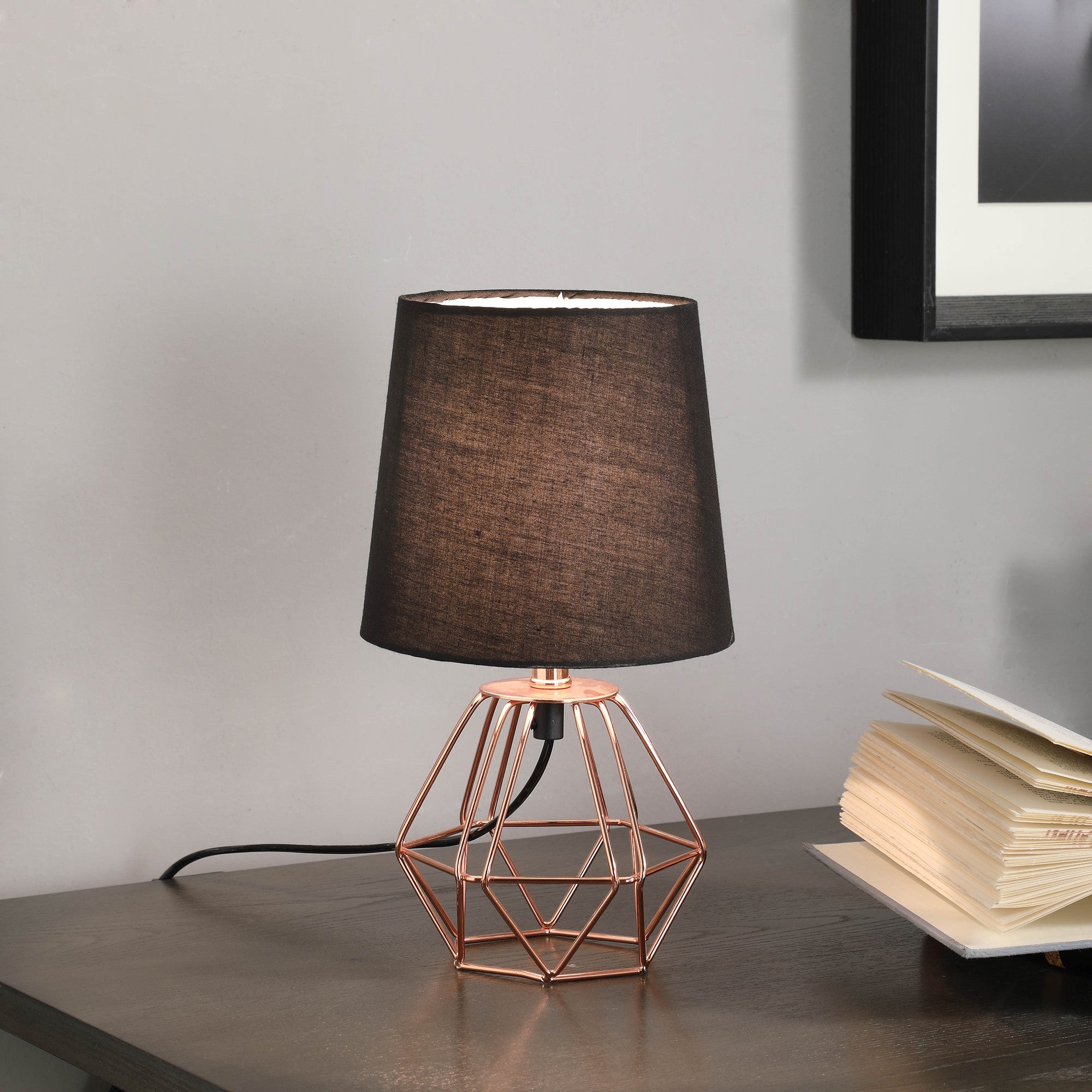 11" Copper Bedside Table Lamp With Black Empire Shade-Table Lamps-DECOROLALA