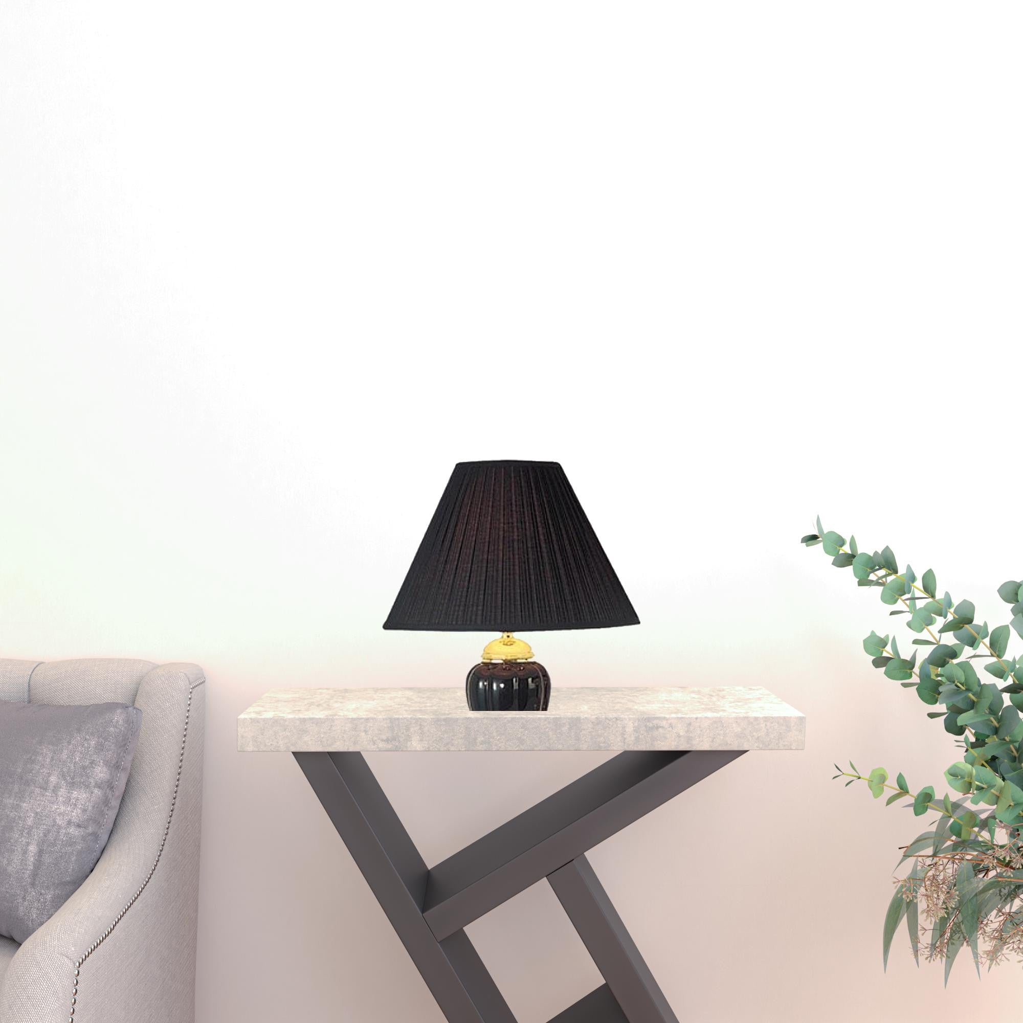 Set Of Three 64" Gold Ceramic Bedside Floor and Table Lamp Set With Black Empire Shade-Table Lamps-DECOROLALA