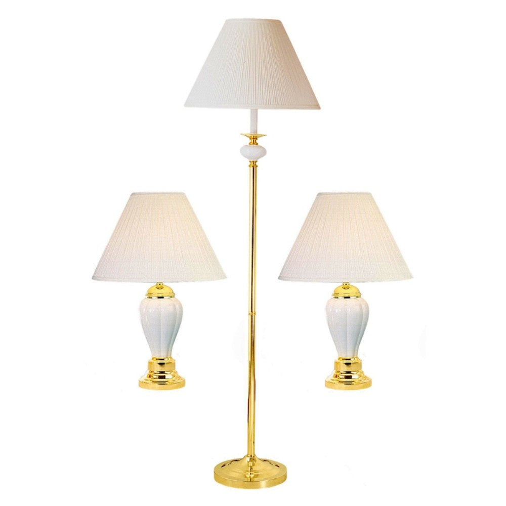 Set Of Three 64" Gold and White Ceramic Bedside Floor and Table Lamp Set With Off White Empire Shade-Table Lamps-DECOROLALA