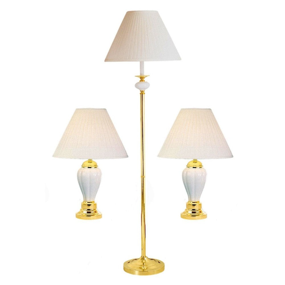 Set Of Three 64" Gold and White Ceramic Bedside Floor and Table Lamp Set With Off White Empire Shade-Table Lamps-DECOROLALA