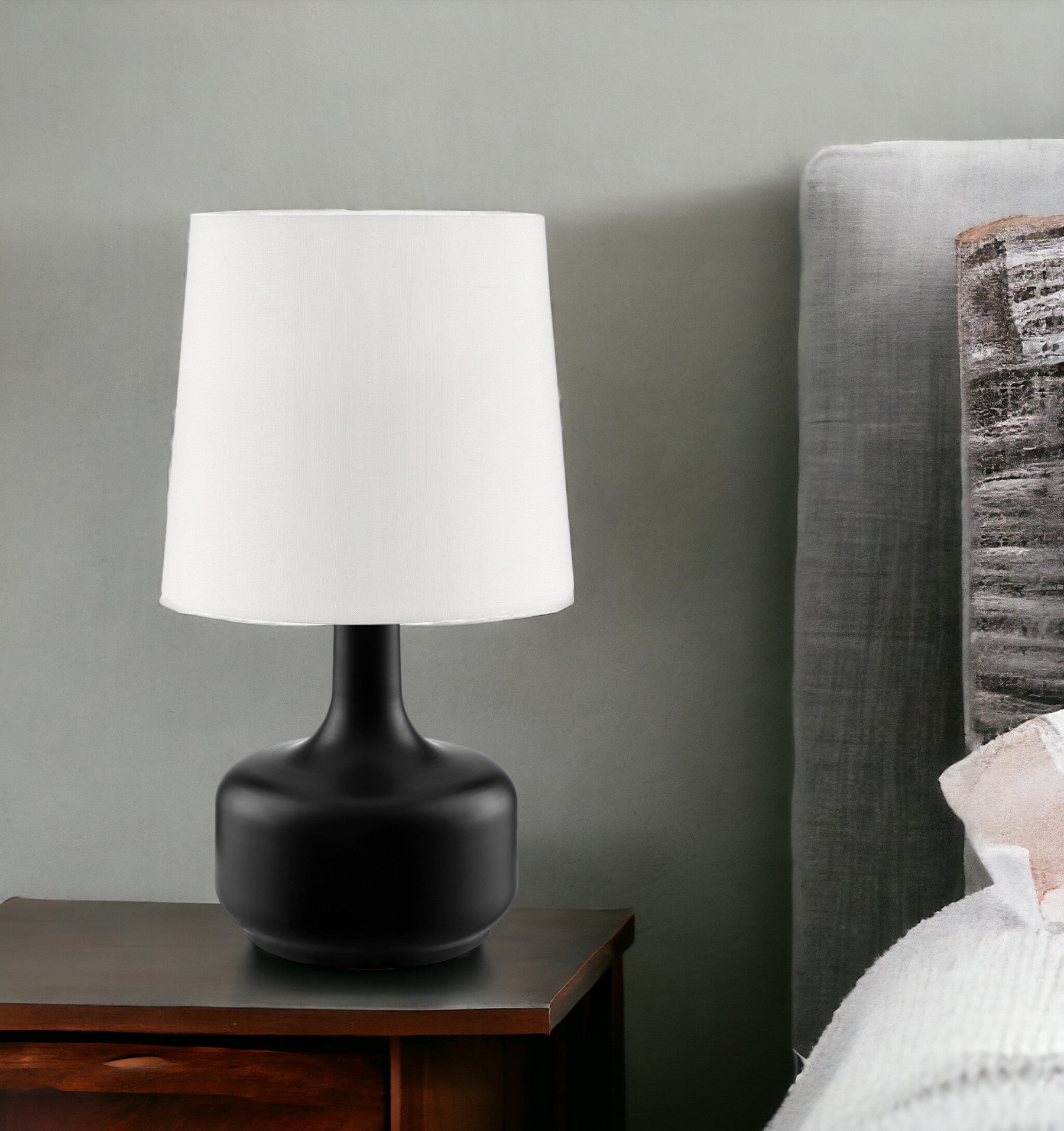 17" Black Metal Bedside Table Lamp With White Shade-Table Lamps-DECOROLALA