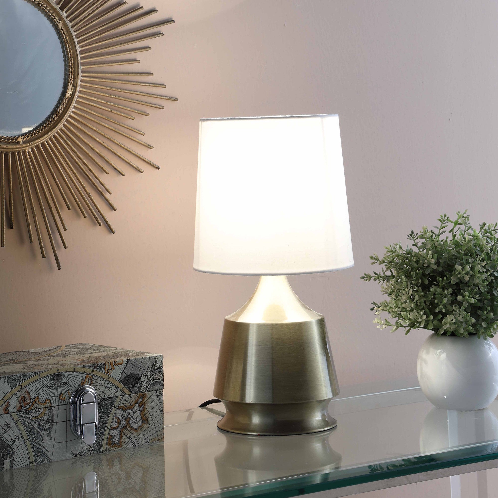 14" Brass Bedside Table Lamp With White Empire Shade-Table Lamps-DECOROLALA