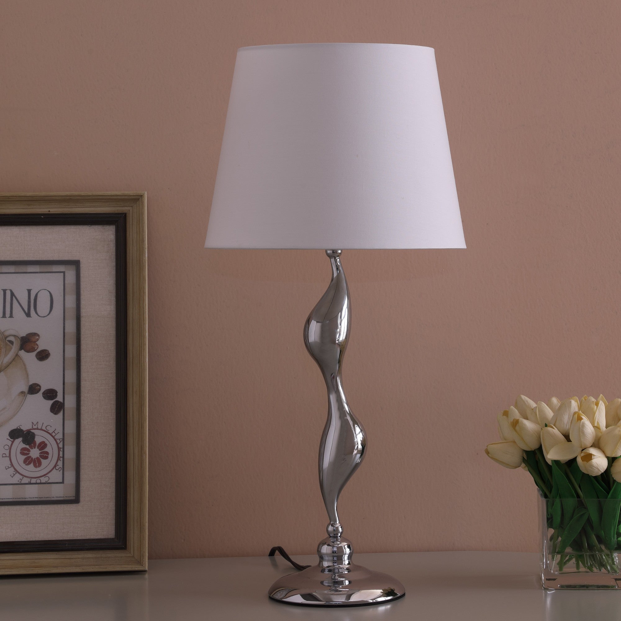 24" Silver Bedside Table Lamp With White Empire Shade-Table Lamps-DECOROLALA