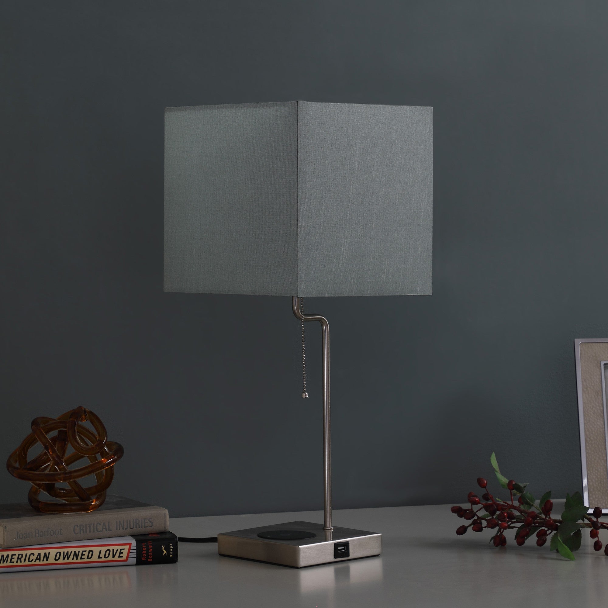22" Gray Bedside Table Lamp With Gray Square Shade-Table Lamps-DECOROLALA