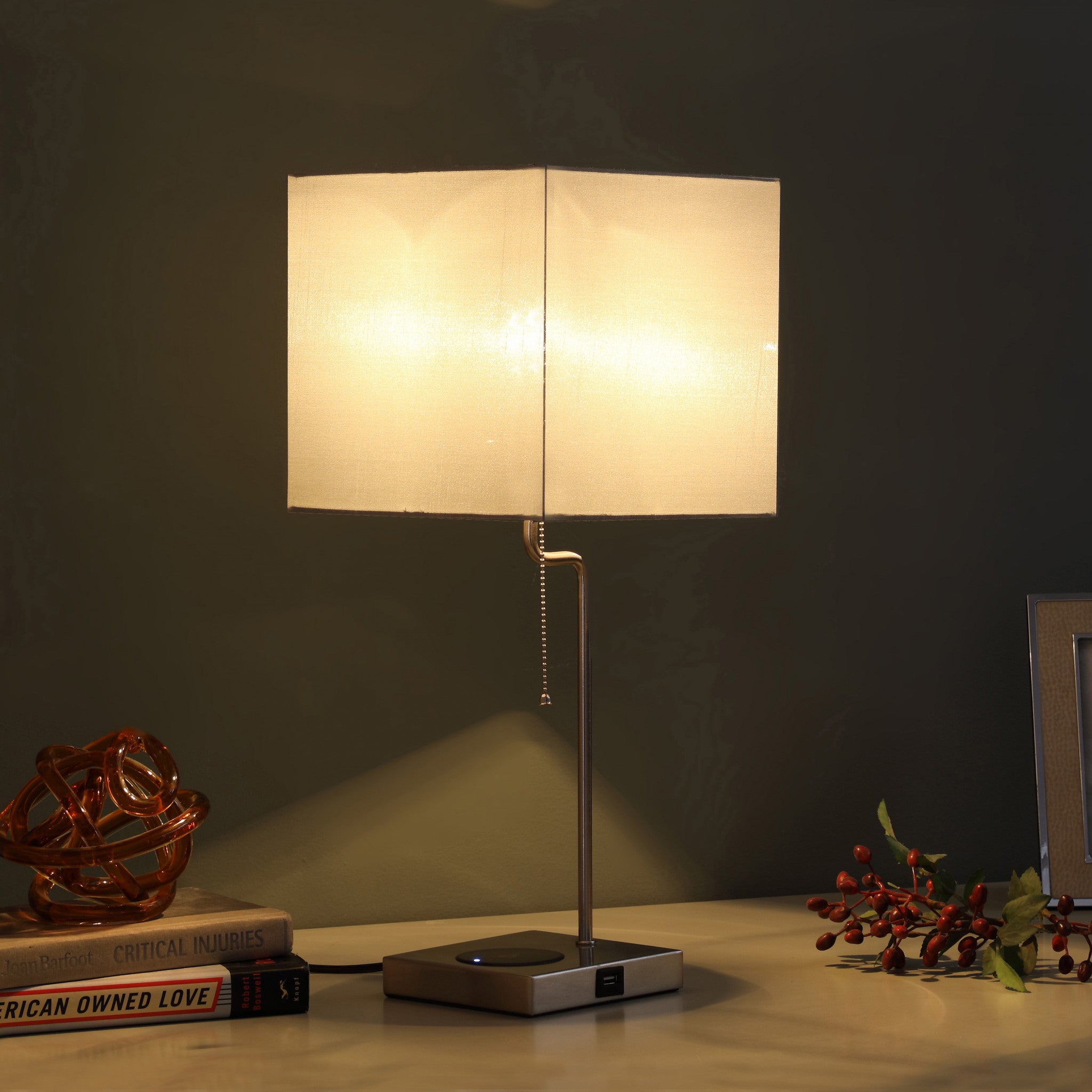 22" Gray Bedside Table Lamp With Gray Square Shade-Table Lamps-DECOROLALA