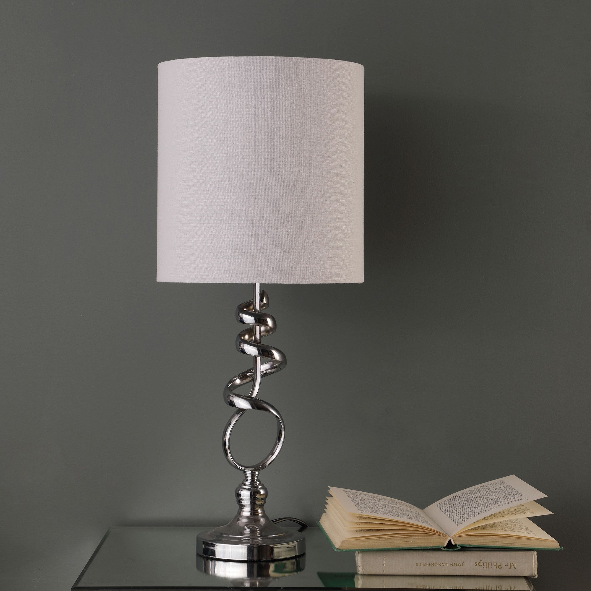 22" Nickel Bedside Table Lamp With Off White Drum Shade-Table Lamps-DECOROLALA