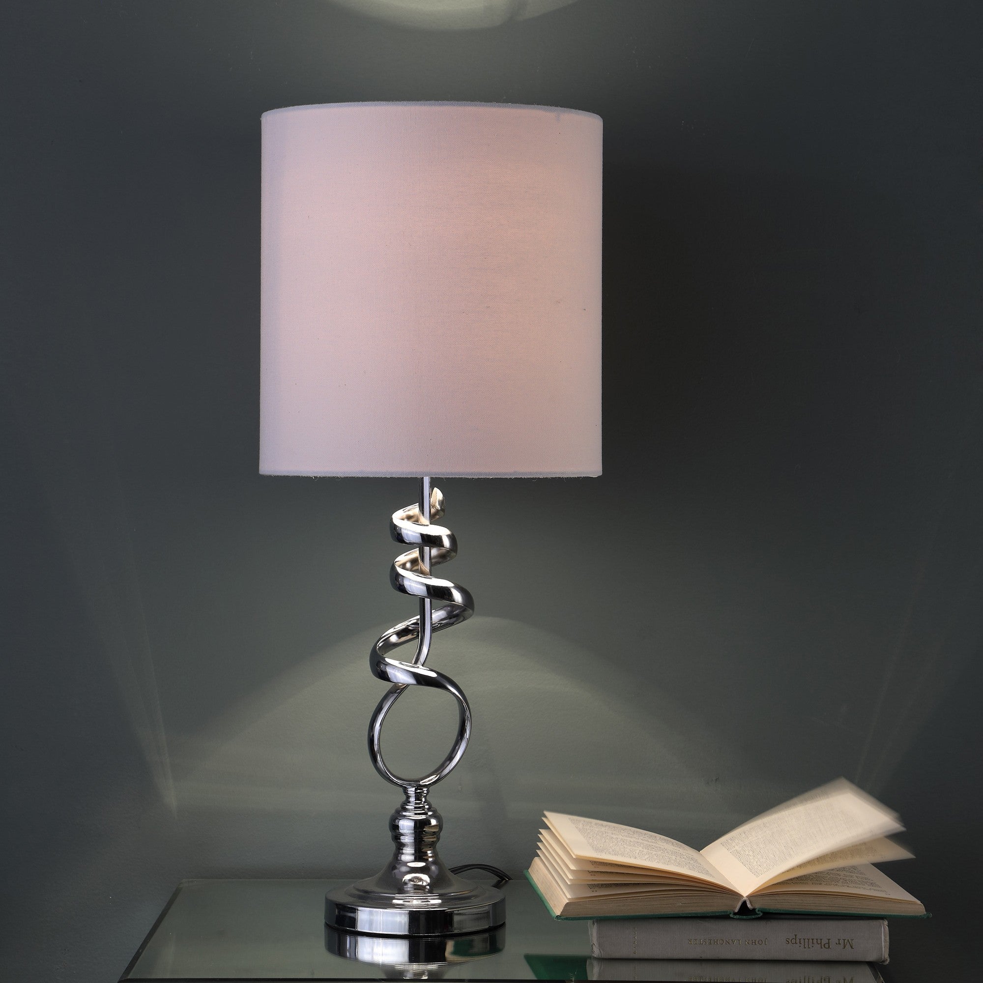 22" Nickel Bedside Table Lamp With Off White Drum Shade-Table Lamps-DECOROLALA