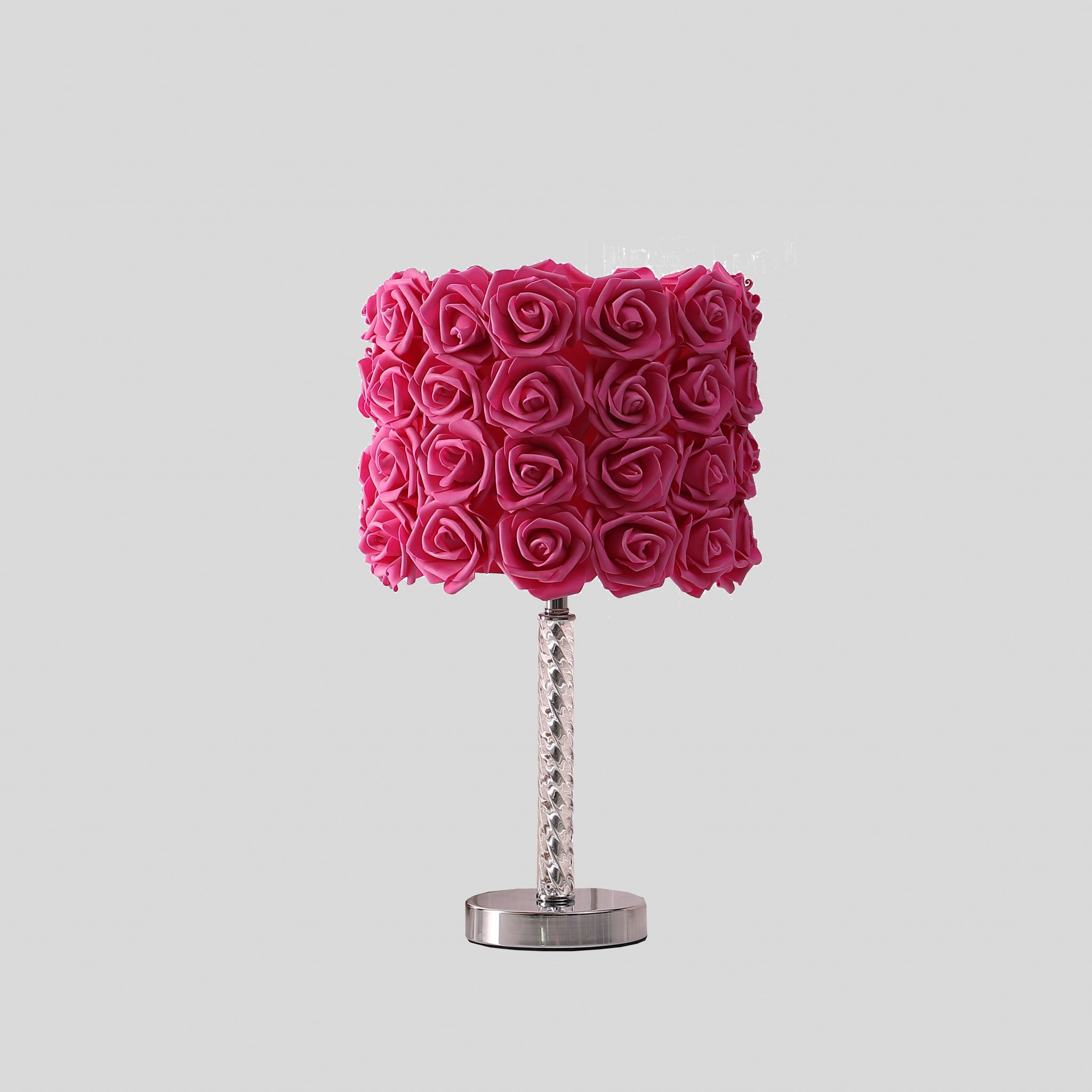 18" Silver Bedside Led Table Lamp With Red Flowers Drum Shade-Table Lamps-DECOROLALA