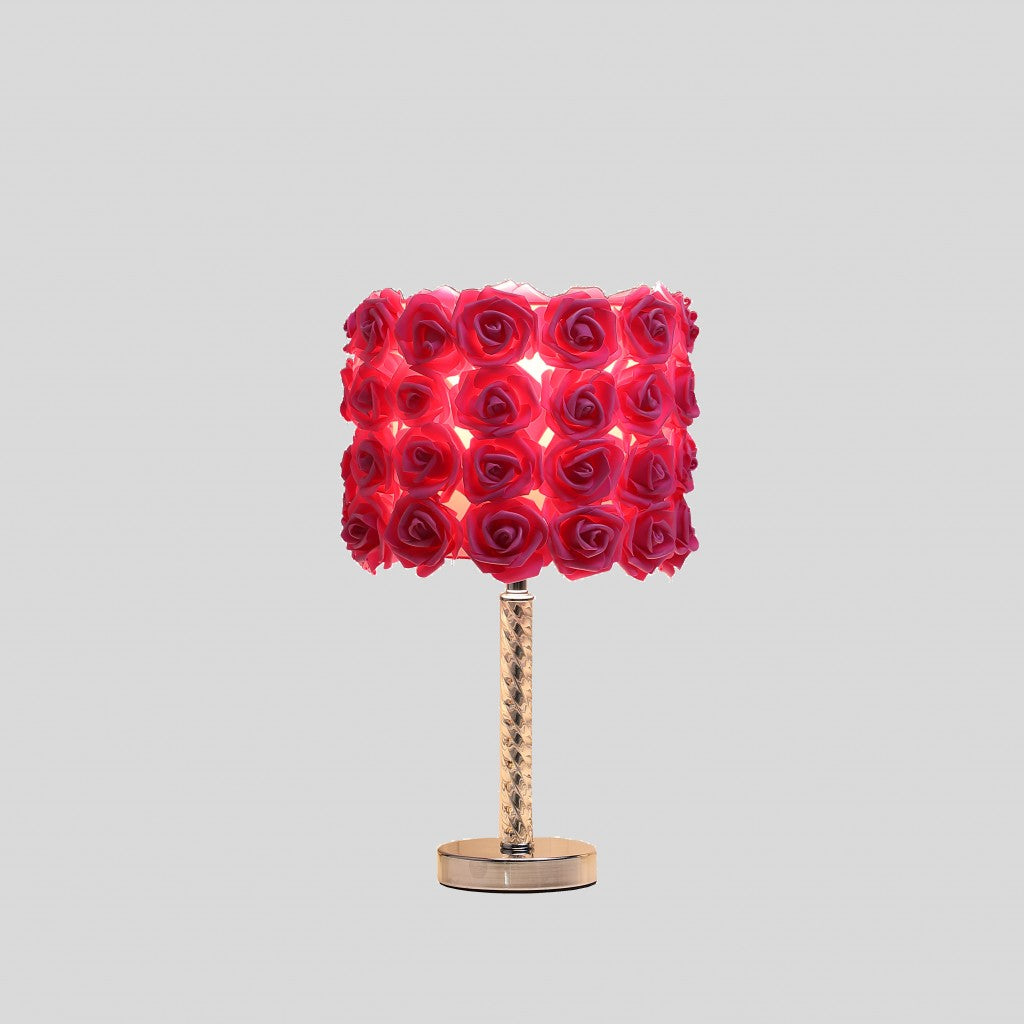 18" Silver Bedside Led Table Lamp With Red Flowers Drum Shade-Table Lamps-DECOROLALA
