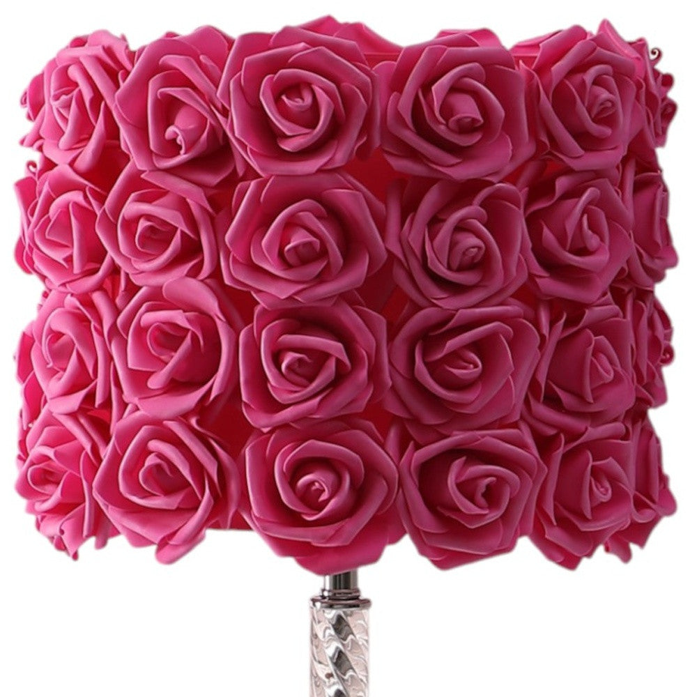 18" Silver Bedside Led Table Lamp With Red Flowers Drum Shade-Table Lamps-DECOROLALA