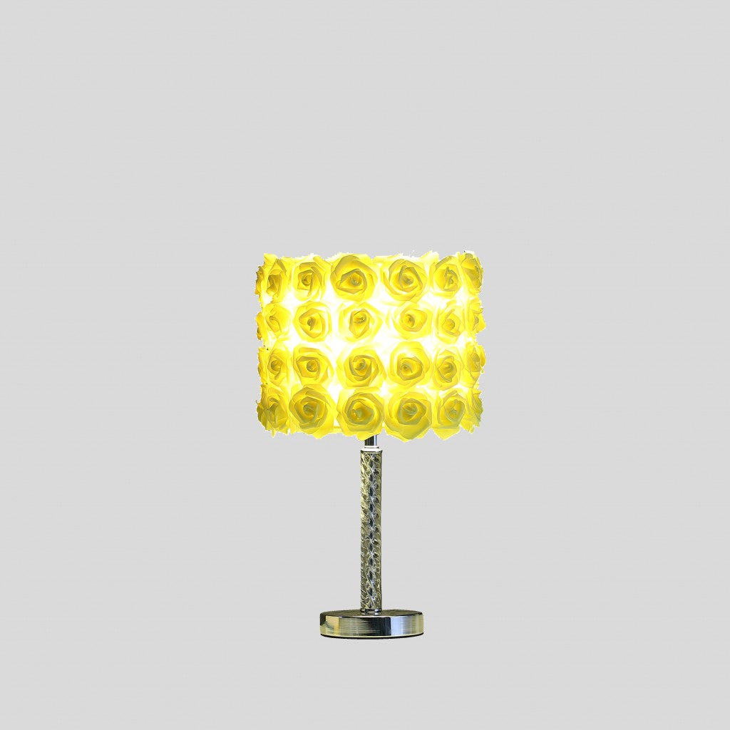 18" Silver Bedside Table Lamp With Yellow Flowers Drum Shade-Table Lamps-DECOROLALA