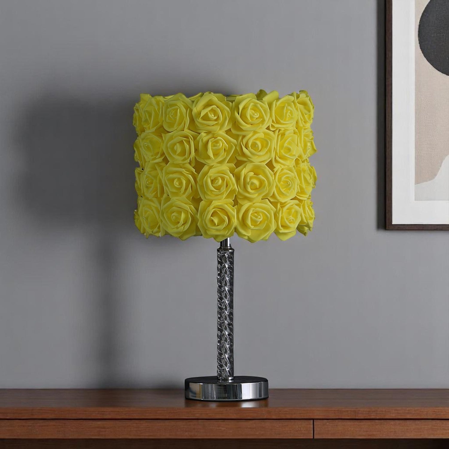 18" Silver Bedside Table Lamp With Yellow Flowers Drum Shade-Table Lamps-DECOROLALA