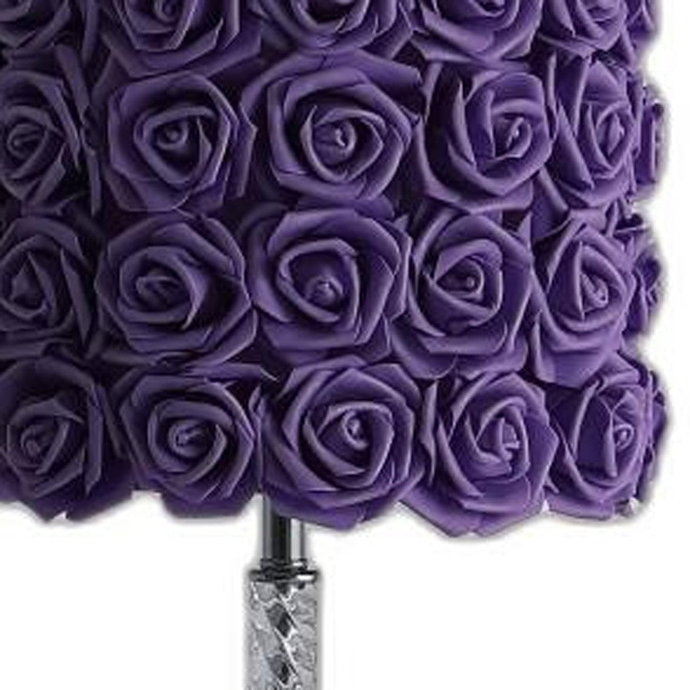 18" Silver Bedside Table Lamp With Purple Flowers Drum Shade-Table Lamps-DECOROLALA