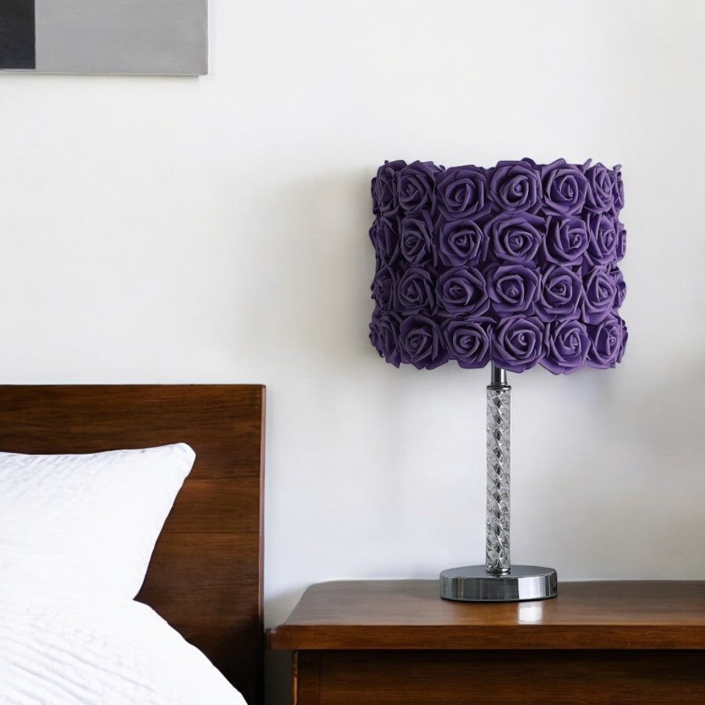 18" Silver Bedside Table Lamp With Purple Flowers Drum Shade-Table Lamps-DECOROLALA