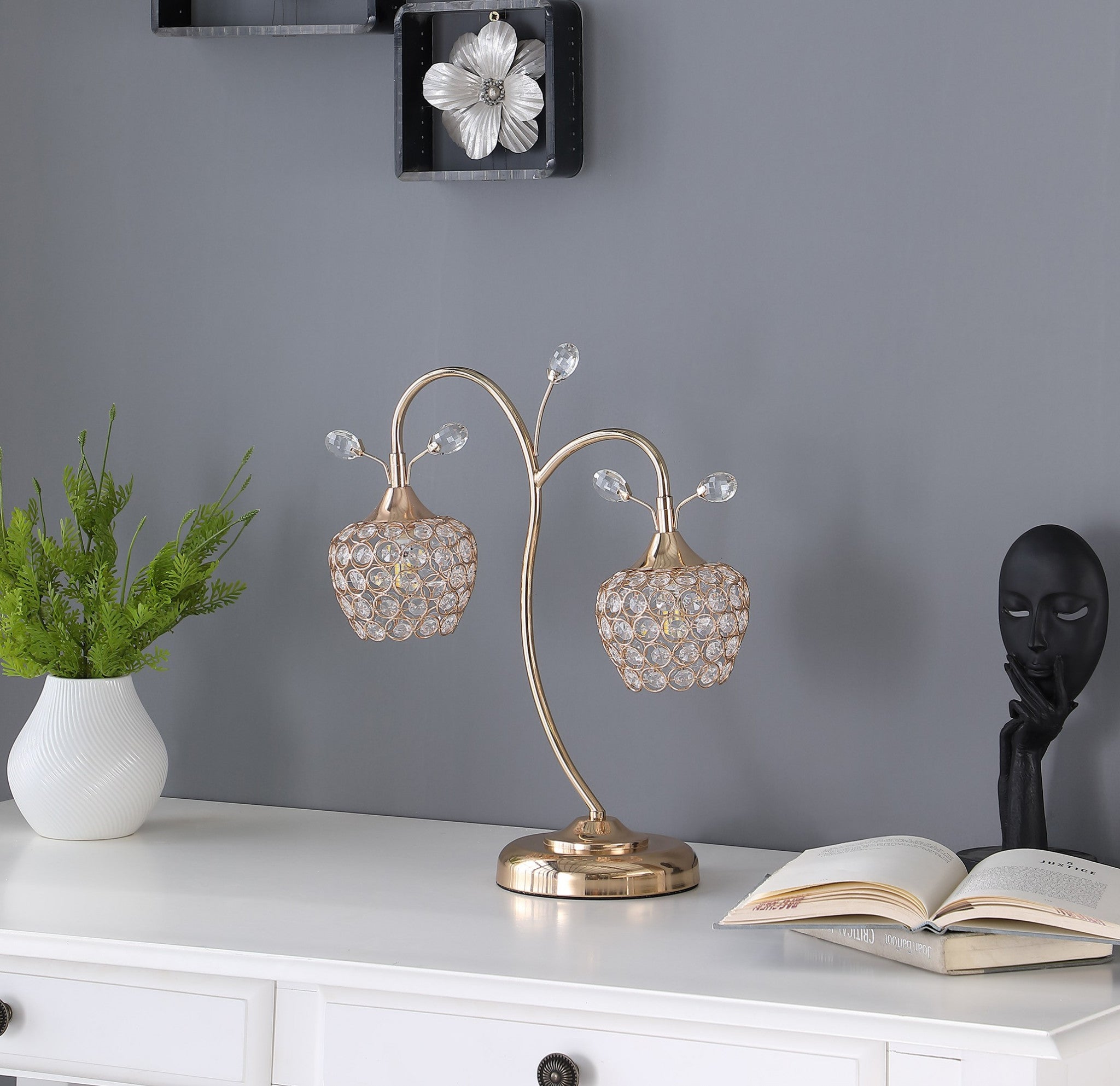 17" Gold Two Light Bedside Table Lamp With Clear Novelty Shade-Table Lamps-DECOROLALA