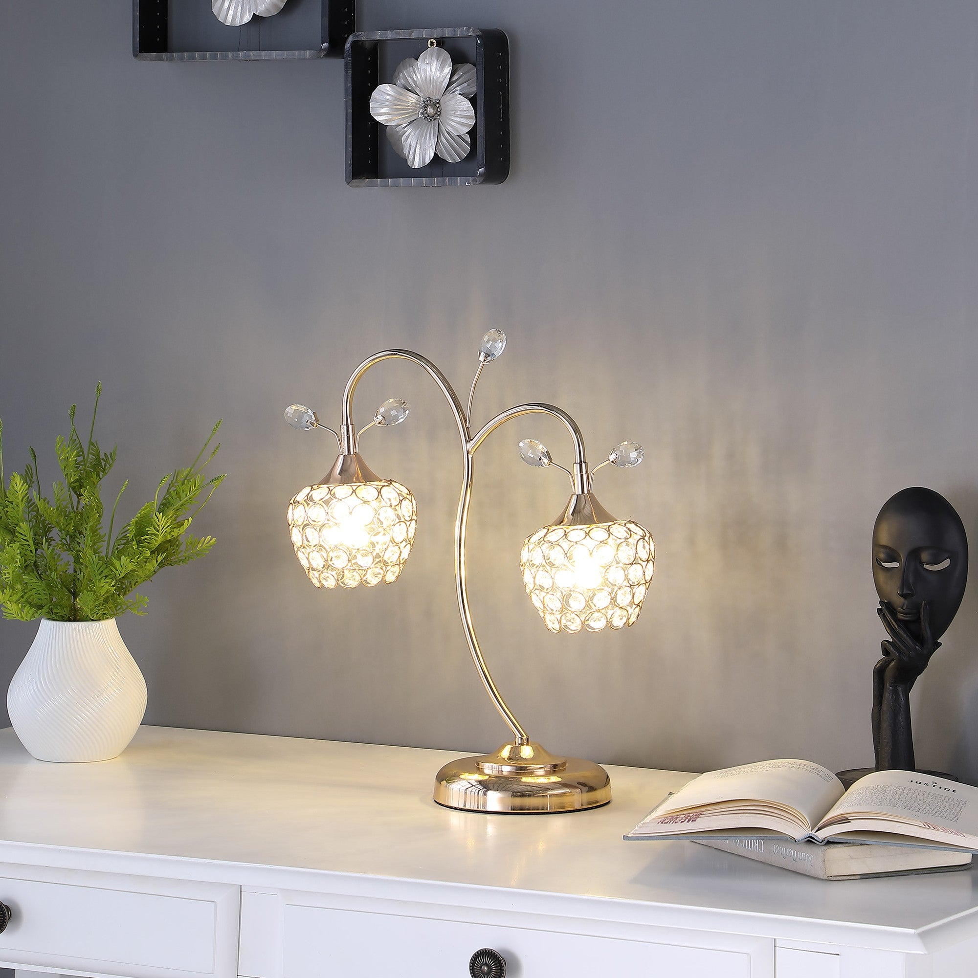 17" Gold Two Light Bedside Table Lamp With Clear Novelty Shade-Table Lamps-DECOROLALA