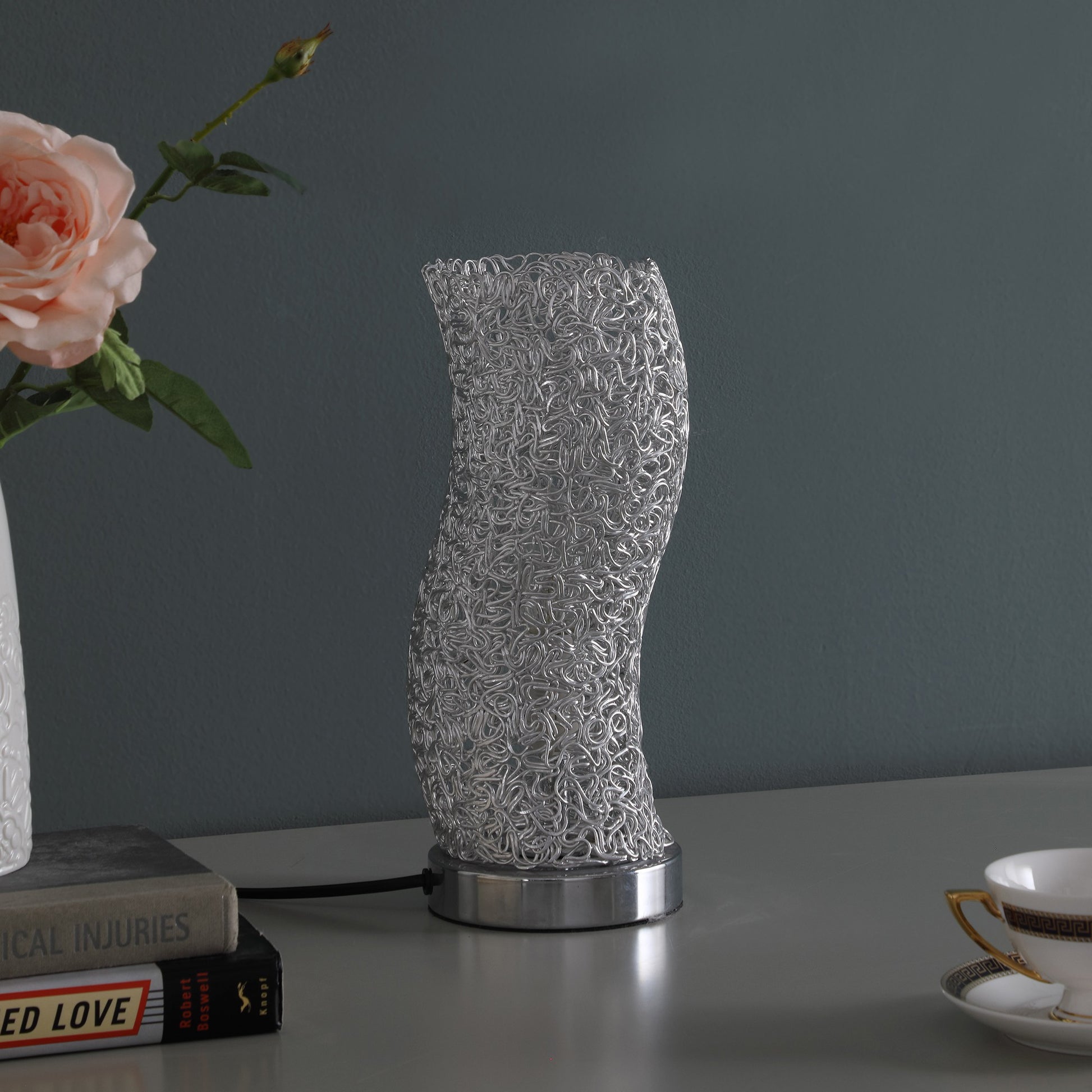 12" Silver Bedside Table Lamp With Silver Swirl Novelty Shade-Table Lamps-DECOROLALA