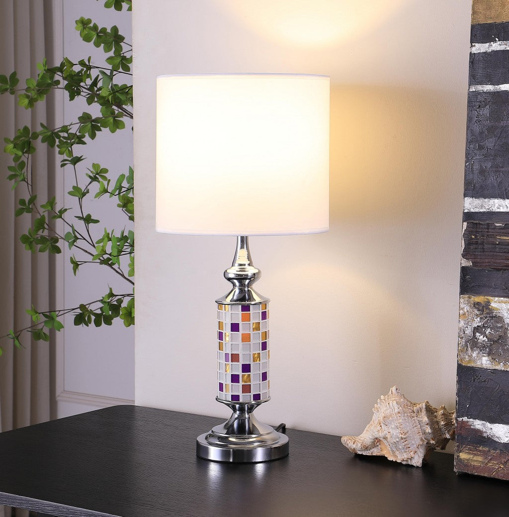 24" Silver Bedside Table Lamp With White Drum Shade-Table Lamps-DECOROLALA