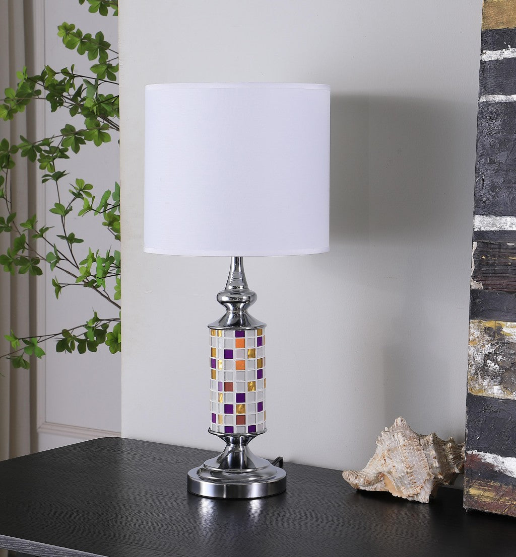 24" Silver Bedside Table Lamp With White Drum Shade-Table Lamps-DECOROLALA