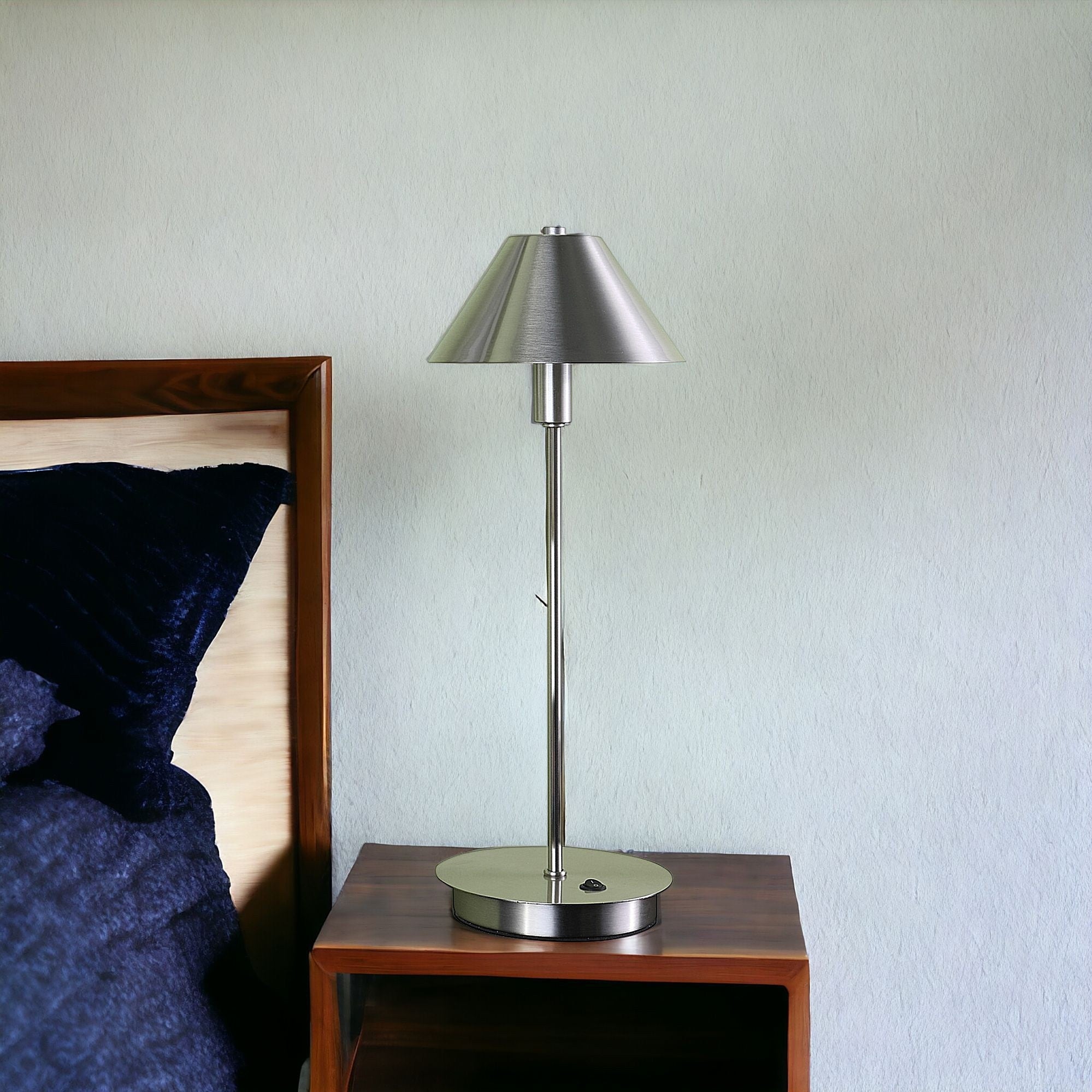 18" Silver Metal Bedside Table Lamp With Silver Cone Shade-Table Lamps-DECOROLALA