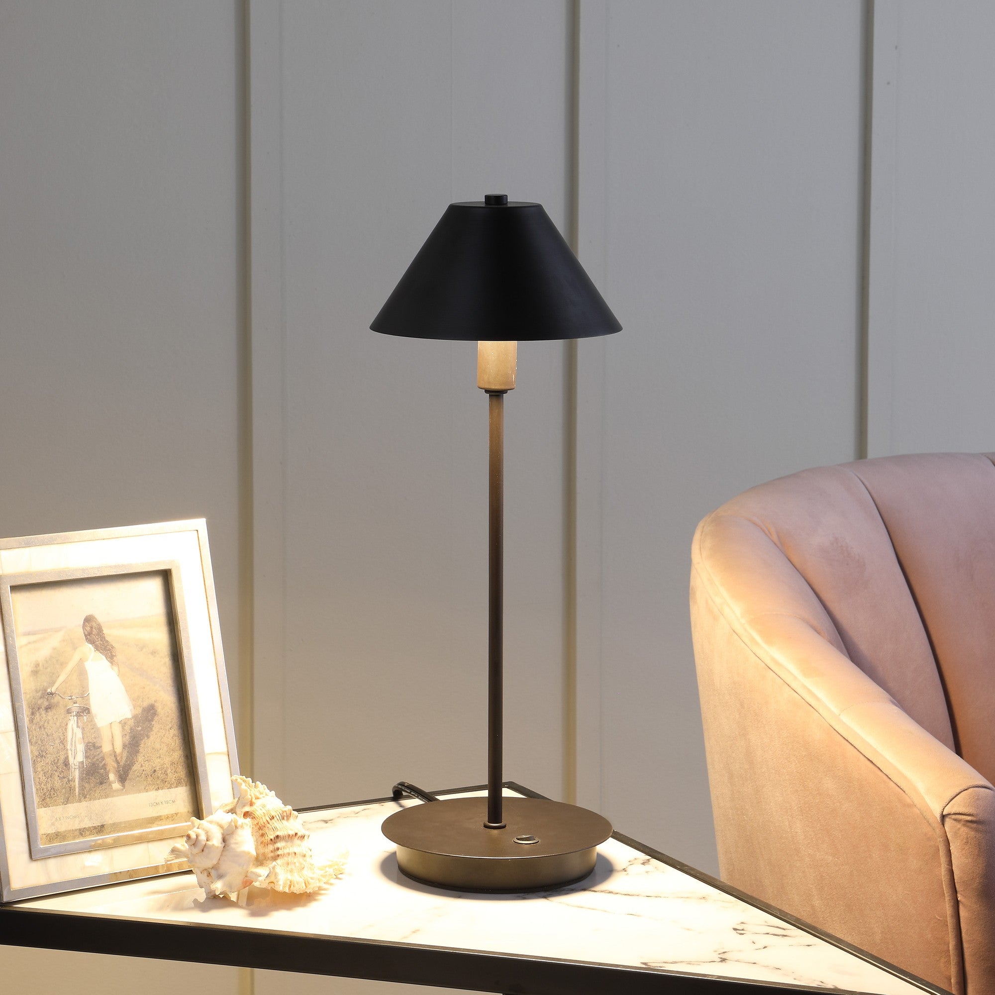 18" Black Metal Bedside Table Lamp With Black Cone Shade-Table Lamps-DECOROLALA
