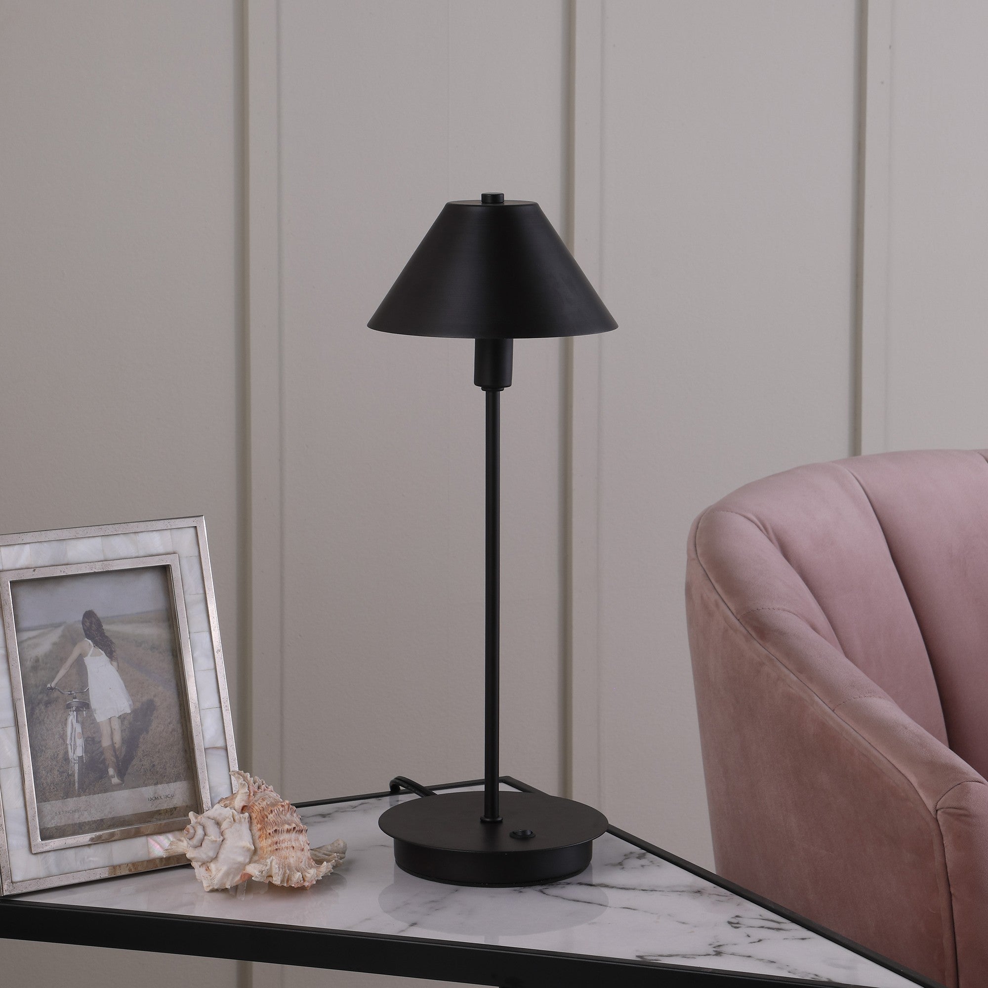 18" Black Metal Bedside Table Lamp With Black Cone Shade-Table Lamps-DECOROLALA
