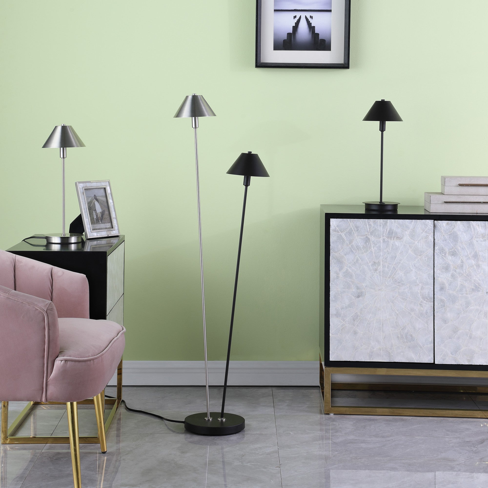 18" Black Metal Bedside Table Lamp With Black Cone Shade-Table Lamps-DECOROLALA