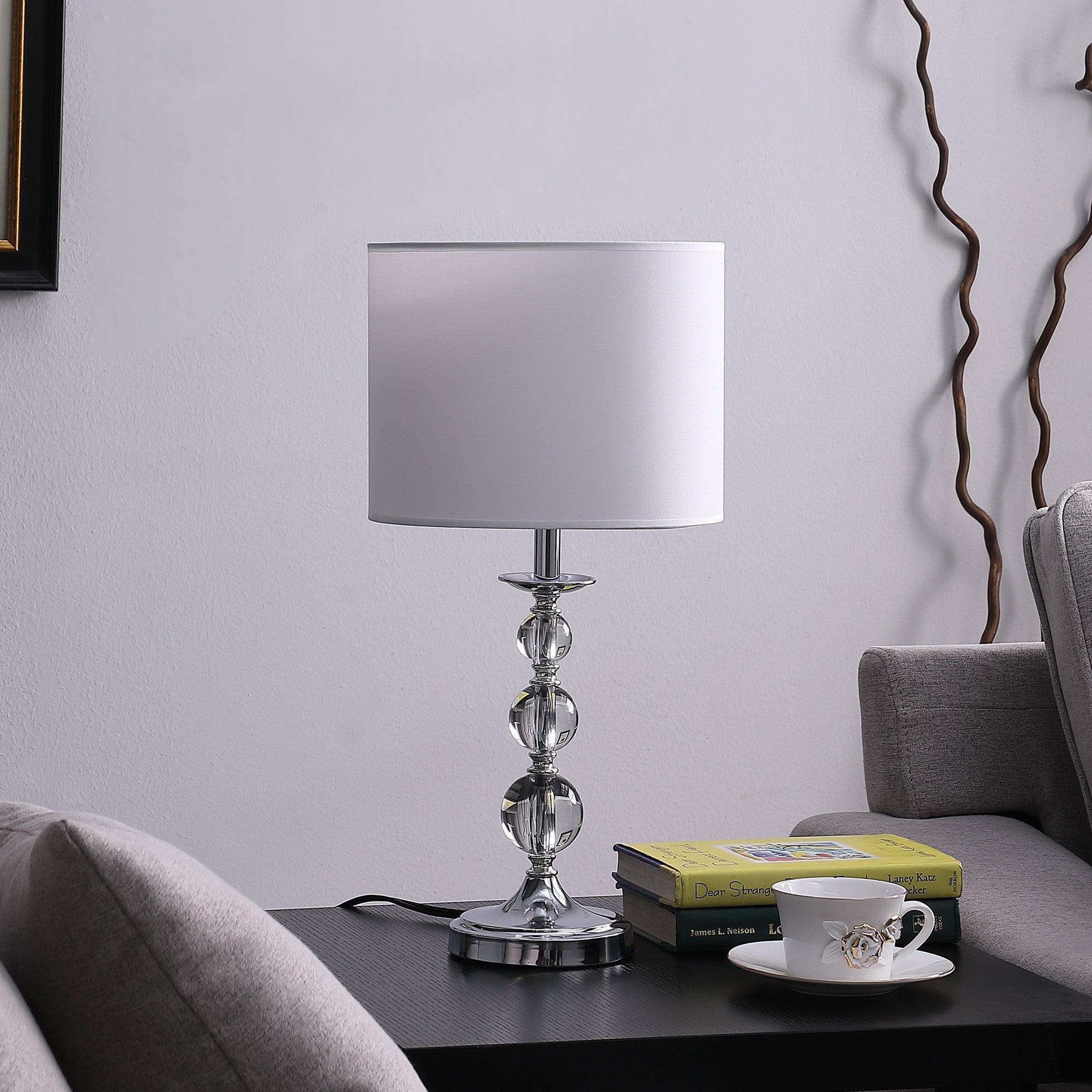20" Silver Bedside Table Lamp With White Drum Shade-Table Lamps-DECOROLALA