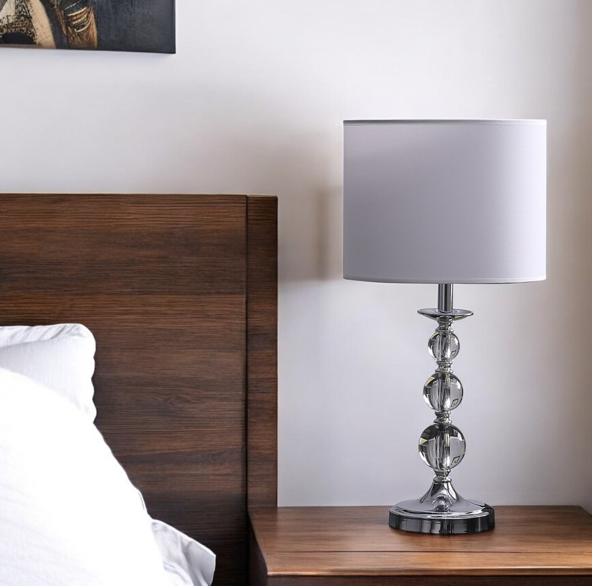 20" Silver Bedside Table Lamp With White Drum Shade-Table Lamps-DECOROLALA