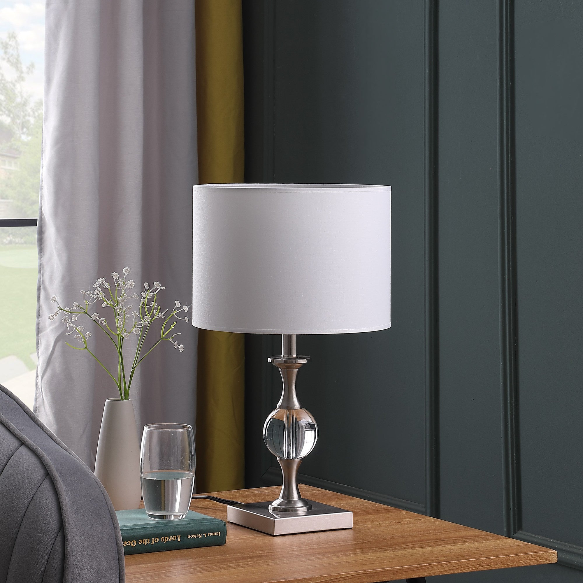 20" Silver Bedside Table Lamp With White Drum Shade-Table Lamps-DECOROLALA
