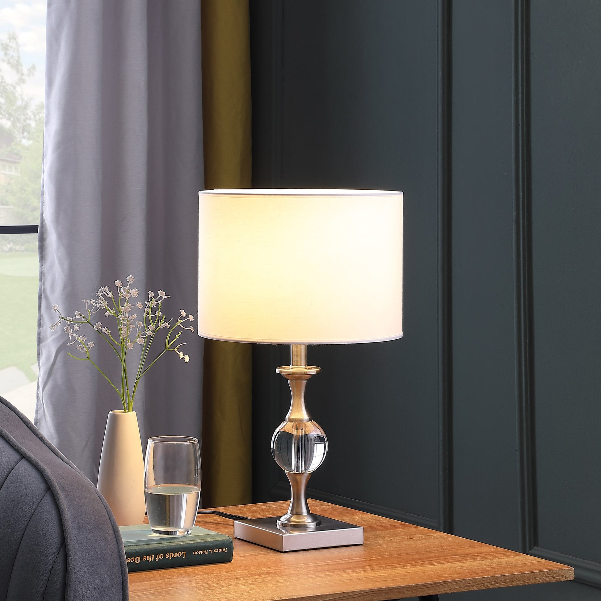 20" Silver Bedside Table Lamp With White Drum Shade-Table Lamps-DECOROLALA