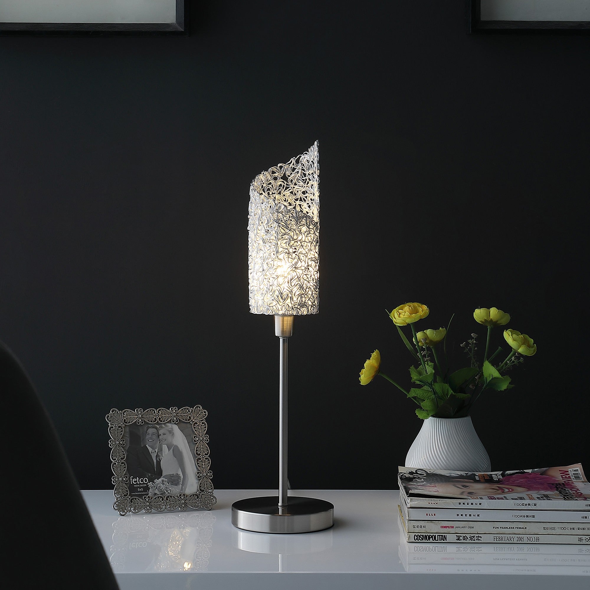 22" Silver Bedside Table Lamp With White Swirl Novelty Shade-Table Lamps-DECOROLALA