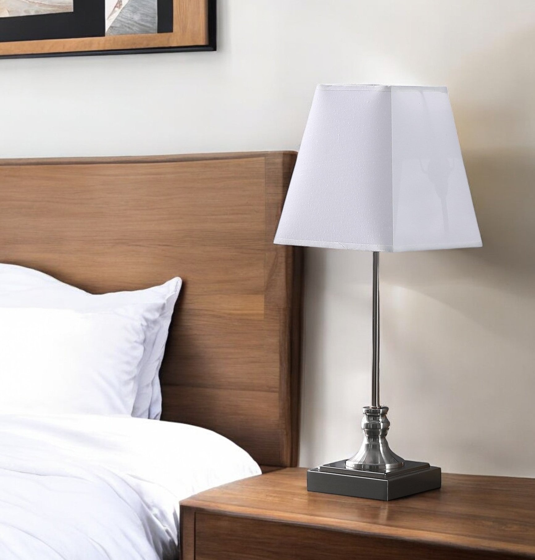 19" Silver Bedside Table Lamp With White Empire Shade-Table Lamps-DECOROLALA