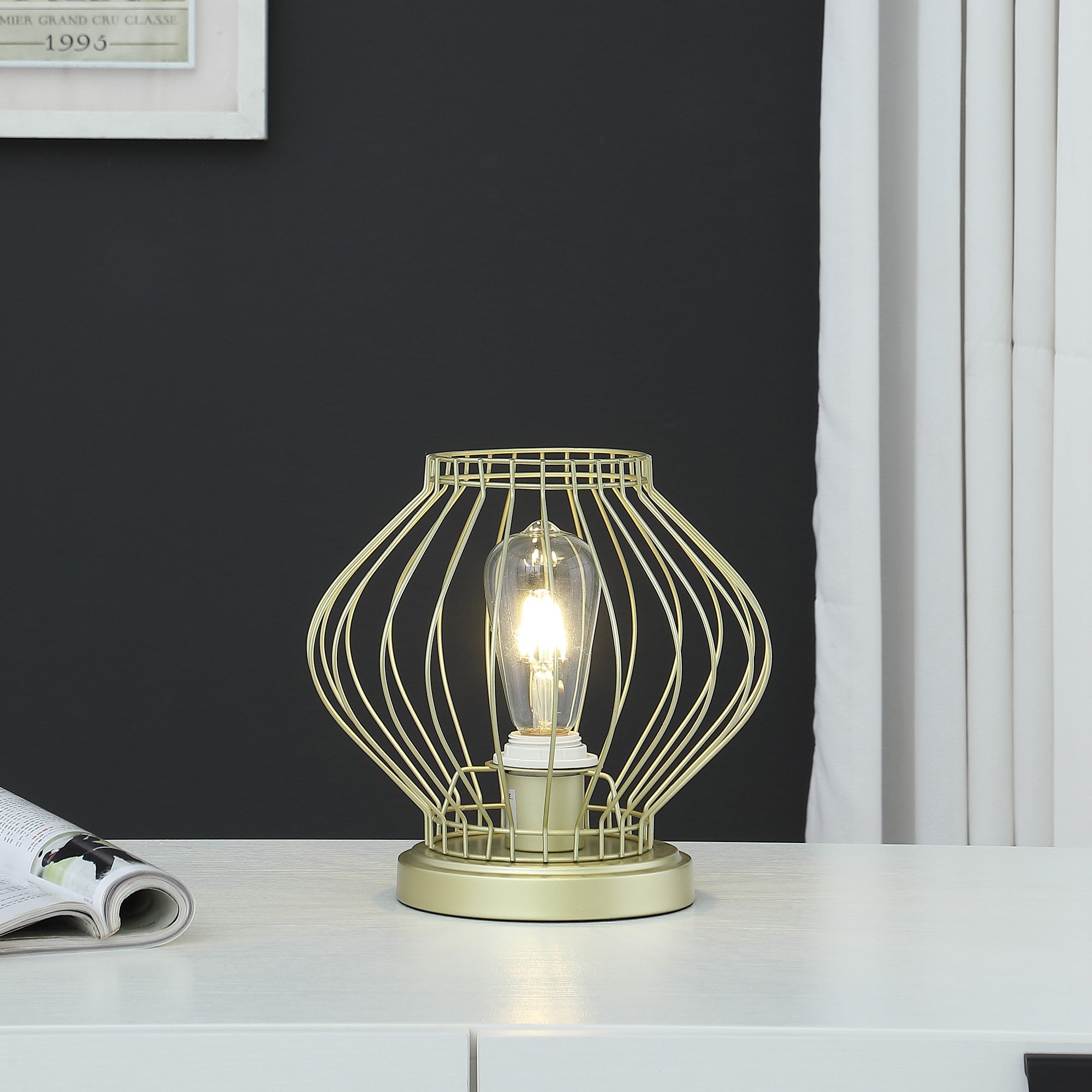 10" Gold Bedside Table Lamp With Gold Cage Shade-Table Lamps-DECOROLALA