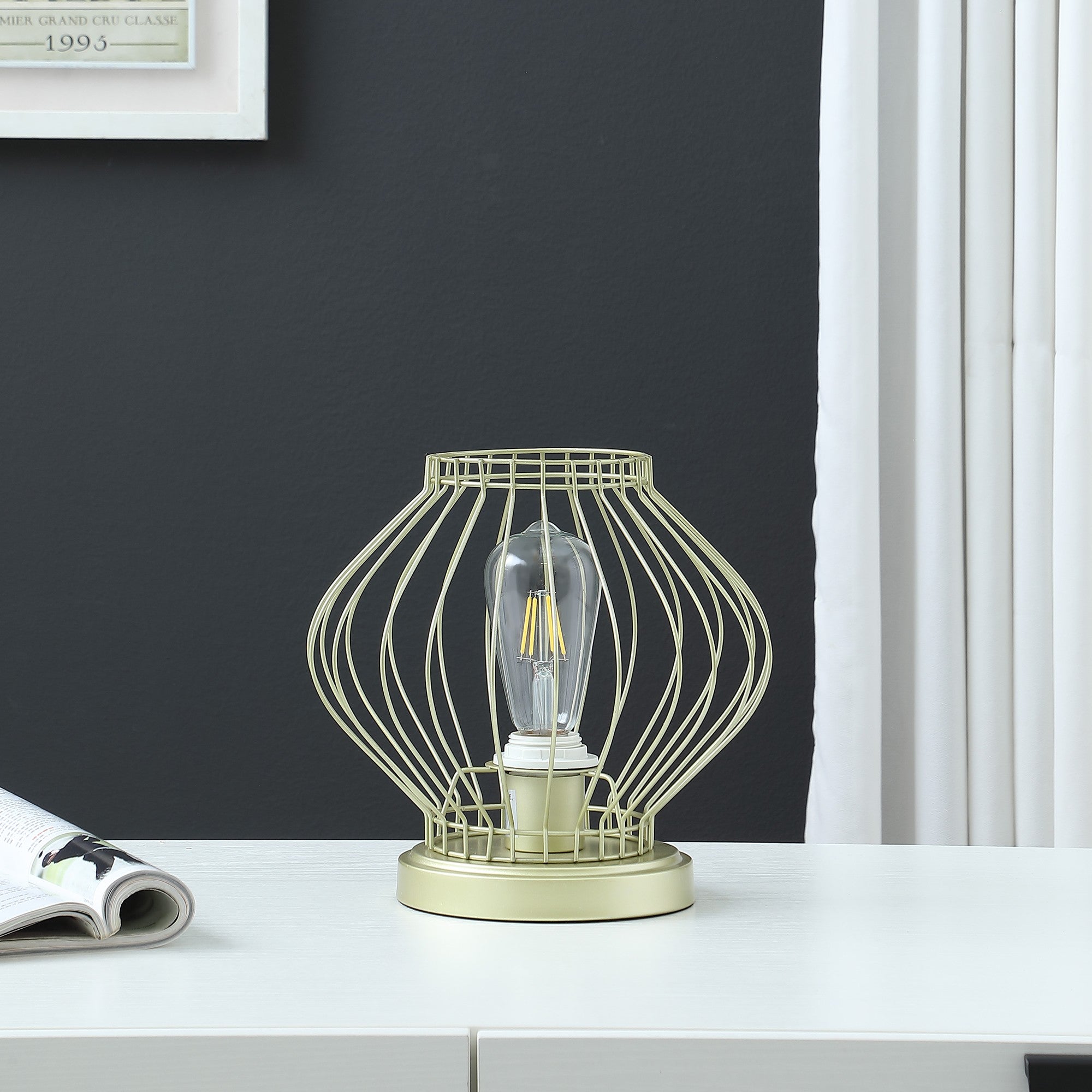 10" Gold Bedside Table Lamp With Gold Cage Shade-Table Lamps-DECOROLALA
